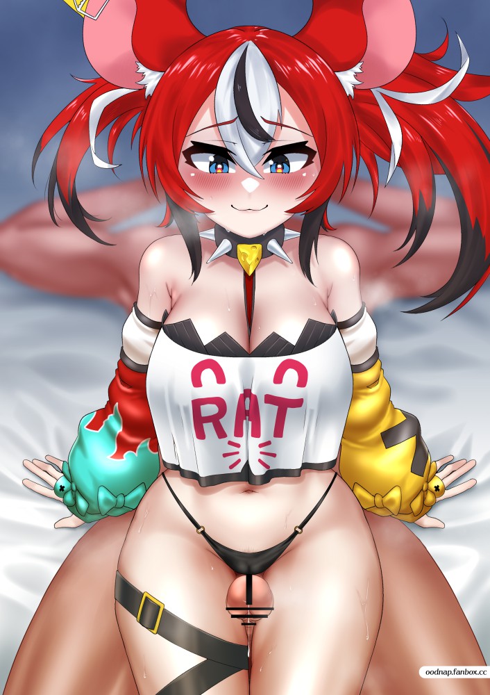 1boy animal_ear_fluff animal_ears asymmetrical_hair bar_censor bare_shoulders black_panties blue_eyes blush breasts censored clothed_female_nude_male collar cowgirl_position crop_top crop_top_overhang detached_sleeves female hakos_baelz hakos_baelz_(1st_costume) hololive hololive_english large_breasts large_penis mouse_ears mouse_girl multicolored_hair navel nude oodnap panties penis precum raised_eyebrows red_hair sitting sitting_on_person solo_focus spiked_collar spikes stomach straight streaked_hair thigh_sex thigh_strap thighs twintails underwear virtual_youtuber