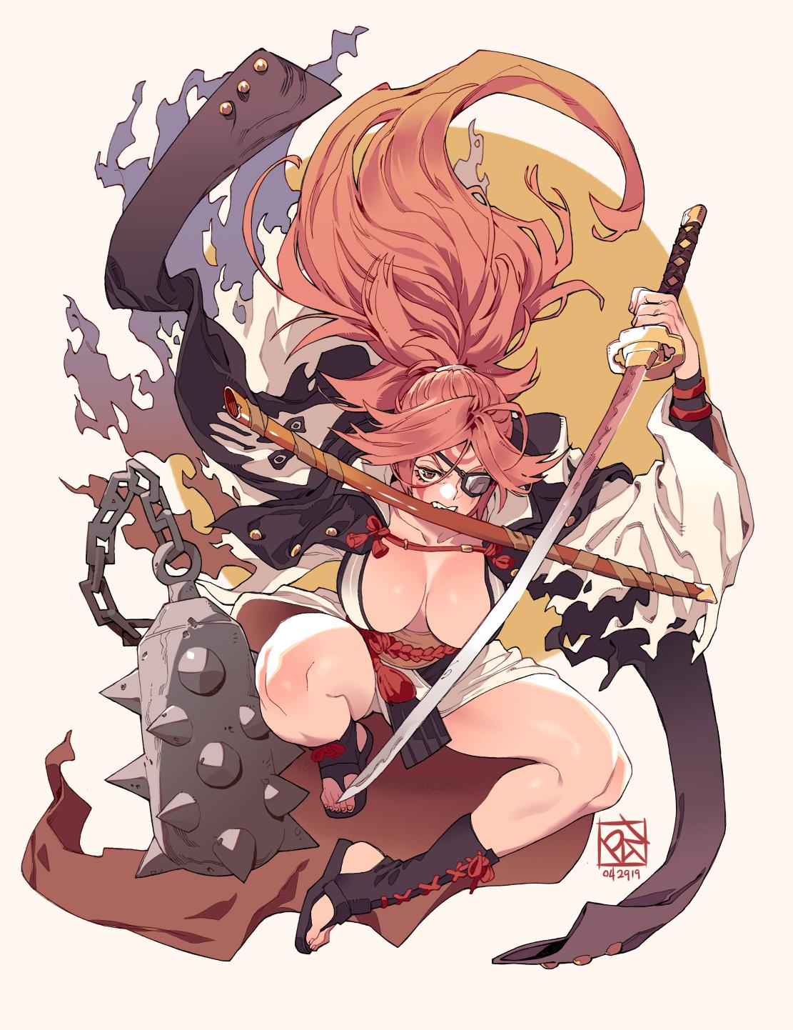 baiken, breasts, cleavage, eye patch, female, guilty gear, guilty gear xrd, huge breasts, katana, long hair, poch4n, pose, solo, weapon