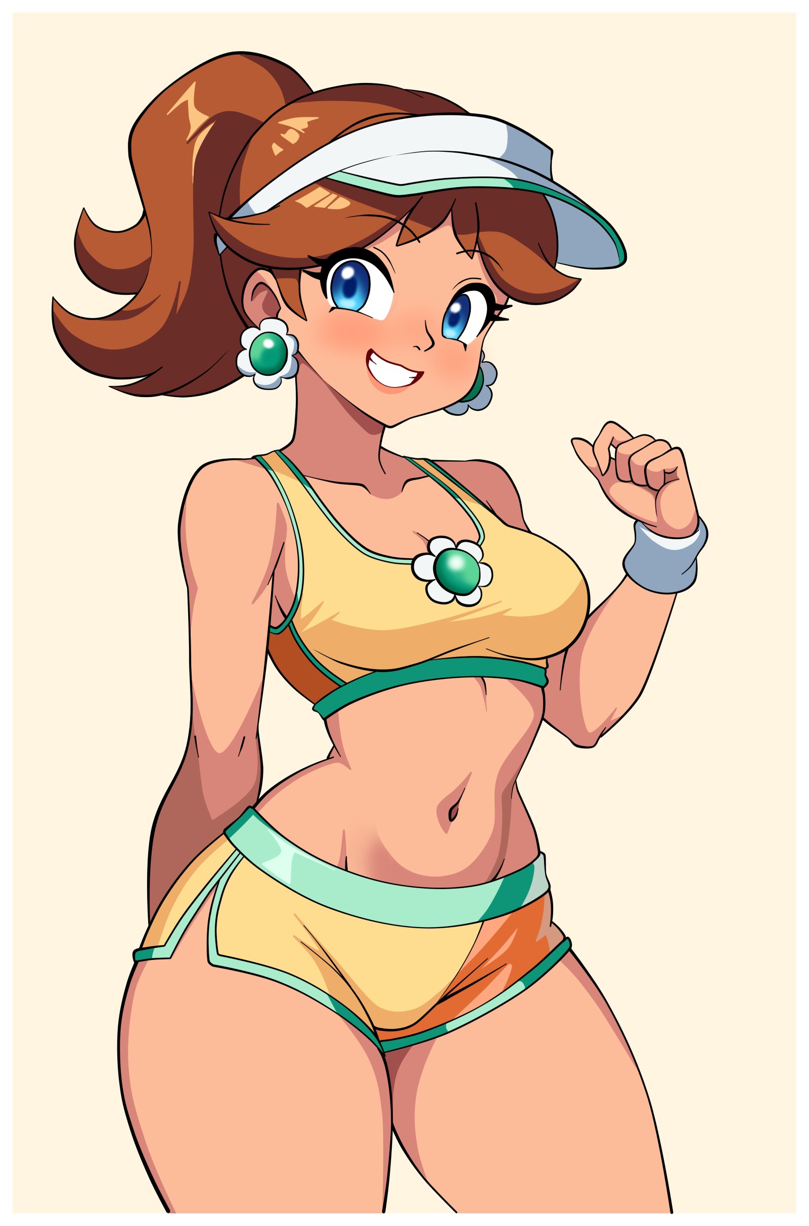 1girls, 2d, absurdres, blue eyes, blush, breasts, brown hair, commentary, dolphin shorts, earrings, english commentary, female, flower earrings, highres, jewelry, light skin, long hair, looking at viewer, mario (series), mario kart, mario kart world, mcarthur1010, midriff, navel, nintendo, official alternate costume, princess, princess daisy, princess daisy (swimwear), shorts, simple background, smile, solo, solo female, sports bra, visor cap, woomy1010, yellow shorts, yellow sports bra