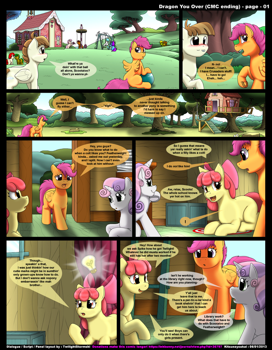 apple_bloom_(mlp) blush comic dragon_you_over_(kitsune_youkai) english_text equine female friendship_is_magic furry hair_on_head horn horse kitsune_youkai my_little_pony page_1 pony scootaloo_(mlp) sweetie_belle_(mlp) unicorn