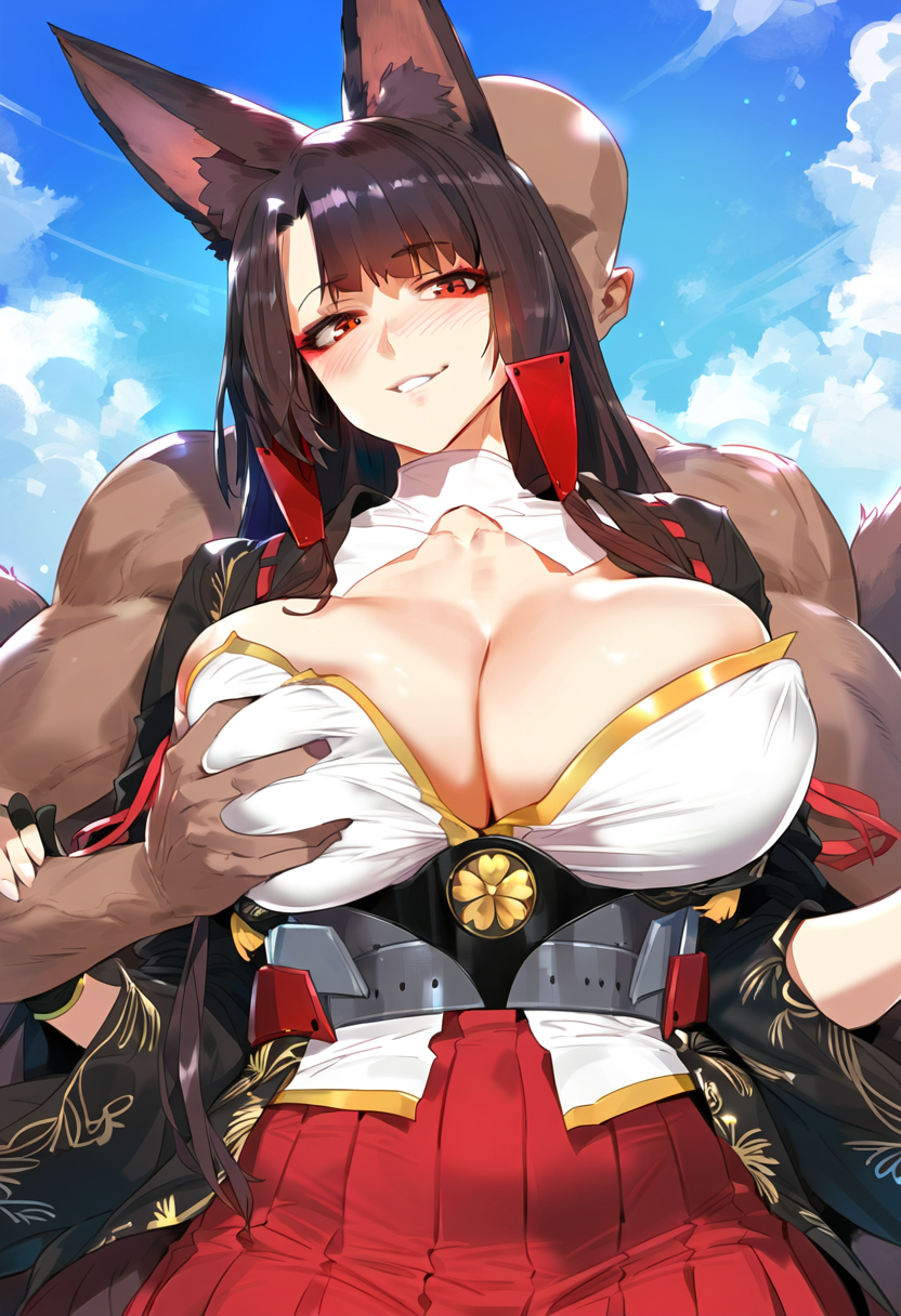 1boy 1girls ai_generated akagi_(azur_lane) azur_lane big_breasts breasts brown_hair dark-skinned_male female female_focus fluffy_tail fox_ears fox_tail groping_breasts groping_from_behind huge_breasts kitsune large_breasts light-skinned_female red_eyes thick_thighs thighs