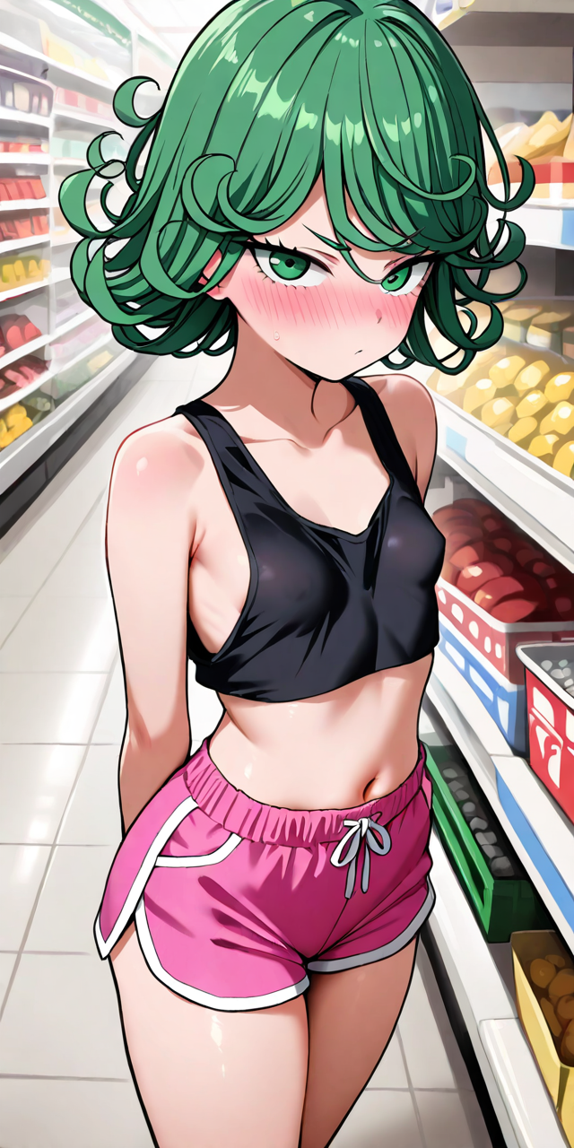 1girls _yumidreams ai_generated black_crop_top blush dolphin_shorts green_eyes green_hair indoors one-punch_man patreon_username petite see-through short_hair small_breasts tatsumaki