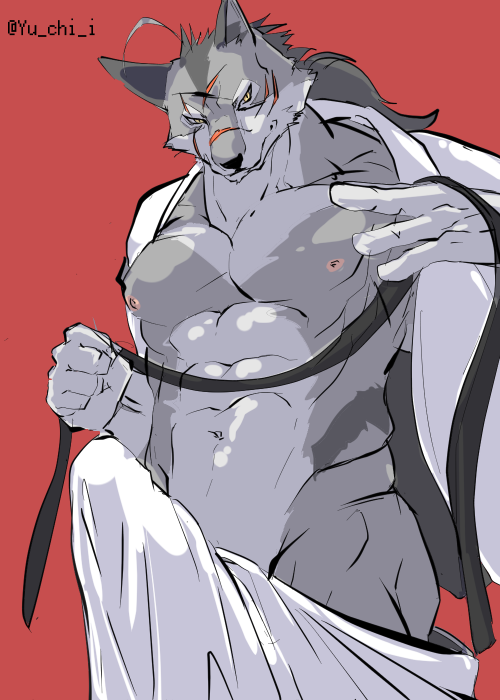 2019 abs big_bulge bulge canid canine canis clothed clothing erection furry male male_only mammal morenatsu muscular muscular_male nipples red_background scar simple_background smile solo ten_kodori tenting topless wolf yu_chi_i