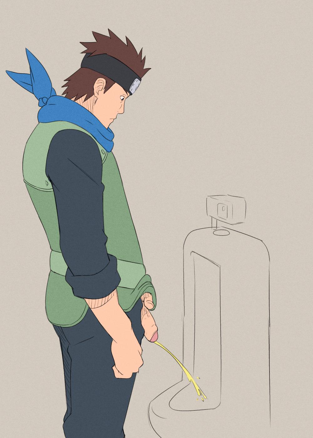 1boy, aizenhower, blue eyes, boruto: naruto next generations, brown hair, clothing, forehead protector, foreskin, fully clothed, headband, holding penis, jacket, male, male only, naruto, naruto (series), peeing, peeing in urinal, penis, penis out, sarutobi konohamaru, scarf, side view, solo, solo focus, solo male, toilet, toilet use, uncircumcised, unzipped, urinal, urinating, urinating male, urination, urine