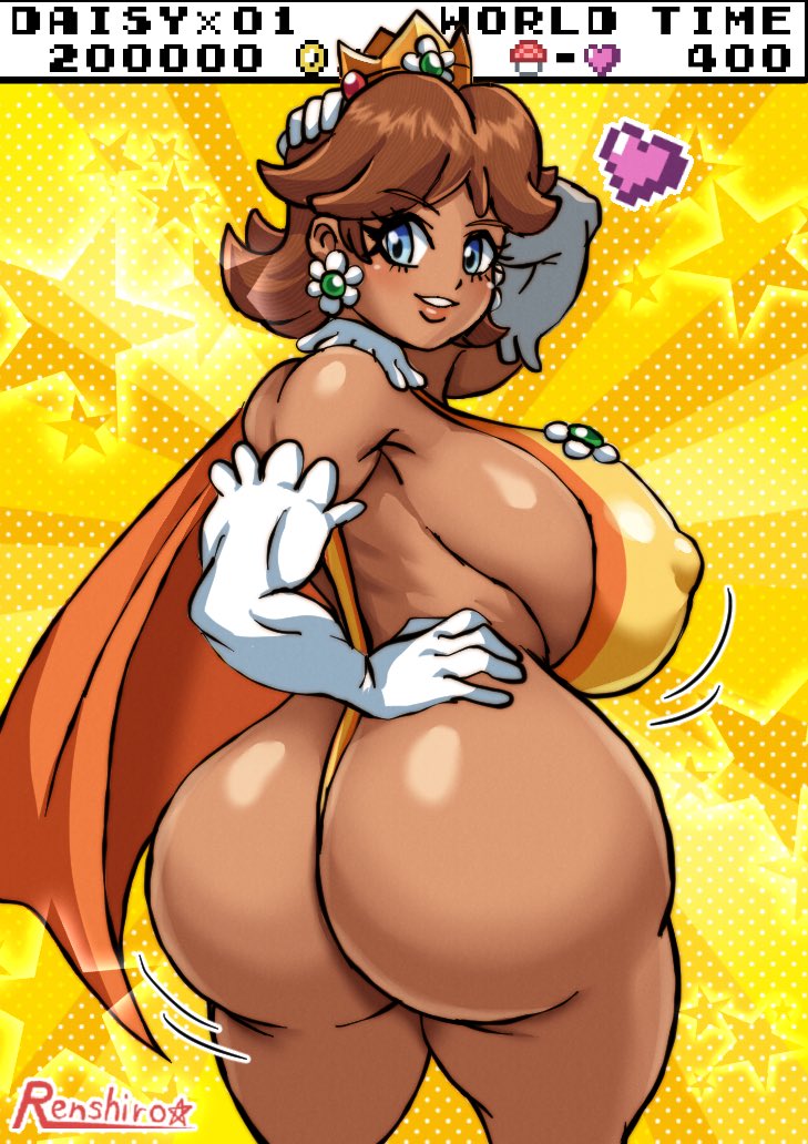 1girls, alternate form, aroused, ass, ass bigger than head, ass focus, big ass, big breasts, big butt, blue eyes, blush, booty, breasts, brown hair, bubble ass, bubble butt, butt, butt focus, cameltoe, cape, child bearing hips, covered nipples, crown, curvy, dark skin, dark-skinned female, dat ass, dumptruck ass, earrings, fat ass, fat booty, fat mons, female, female only, fertile, fit female, flower earrings, from behind, full body, full breasts, giant ass, gigantic ass, hand on hip, heavy bottom, heavy breasts, heavy butt, high resolution, horny, hourglass figure, huge ass, huge breasts, in heat, large ass, large breasts, leotard, looking at viewer, looking back, mario (series), medium hair, muscular, muscular female, nipple bulge, nipples visible through clothing, perfect ass, plump, plump ass, power daisy (renshirou), princess, princess daisy, r0771, renshirou, renzaburo0771, round ass, royalty, sexy, sexy pose, shiny skin, short hair, smile, solo, super mario land, superheroine, tan body, tan skin, thick, thick ass, thick hips, thick thighs, thighs, voluptuous, wide hips