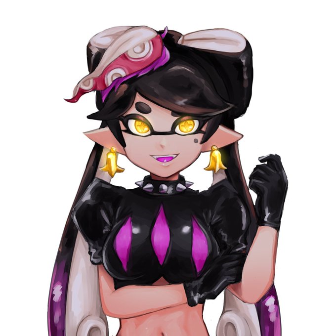 +_+ 1girls breasts callie_(splatoon) earrings gloves inkling inkling_girl jewelry large_breasts looking_at_viewer mole mole_under_eye nintendo norishiitsu octo_callie oerba_yun_fang pointy_ears short_sleeves simple_background splatoon splatoon_(series) splatoon_2 splatoon_2:_octo_canyon teeth tentacle_hair twintails upper_body white_background yellow_eyes