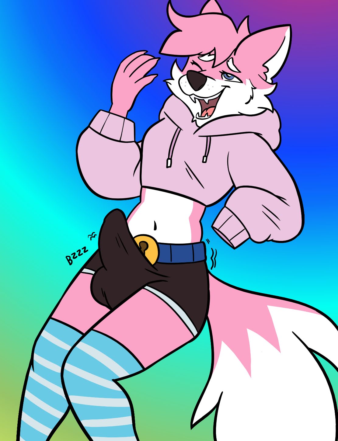 anthro aroused baby_chi bella_(fluff22) blue_eyes bulge canid canine clothing crop_top enjoying erection erection_under_clothing fox fox_tail fur giggling gynomorph hi_res hoodie intersex legwear mammal orgasm_from_tickling pink_furniture shirt solo tall text thigh_highs tickle_belt tickle_torture ticklegasm tickling tickling_belly tickling_machine topwear white_body white_fur