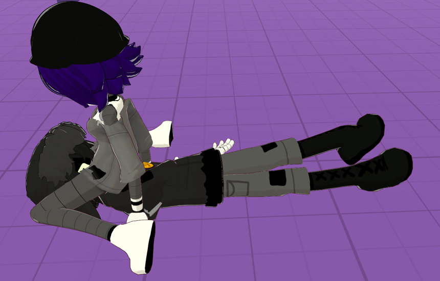 1boy 1girls 3d 3d_model canon_couple clothed doll's_dad_(murder_drones) glitch_productions hat murder_drones purple_hair robot robot_boy robot_girl robot_humanoid sitting_on_face vrchat yeva_(murder_drones)