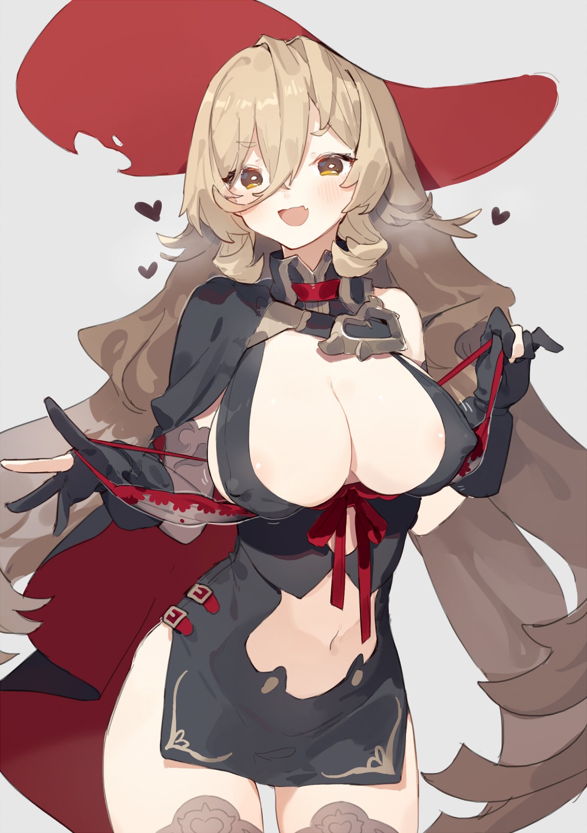 1girls, belly, blonde hair, blush, bra, breasts, breath, brown hair, cape, cleavage, cutout, eye contact, female, full cleavage, hat, heart, heavy breathing, high resolution, huge breasts, large breasts, long hair, looking at viewer, midriff, navel, nijisanji, nui sociere, partly fingerless gloves, presenting, presenting breasts, sh (562835932), simple background, smile, solo, standing, thigh gap, thighs, underwear, very long hair, virtual youtuber, wide hips, witch, witch hat, yellow eyes