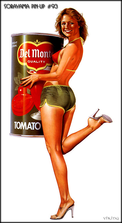 advertisement bikini_top breasts canned_food feathered_hair hajime_sorayama heels pinup short_shorts tomato