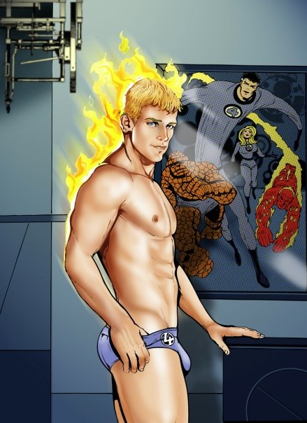 1boy blonde_hair bulge fantastic_four fire flames human human_torch joe_phillips johnny_storm male male_only marvel muscle muscular solo solo_male superhero underwear