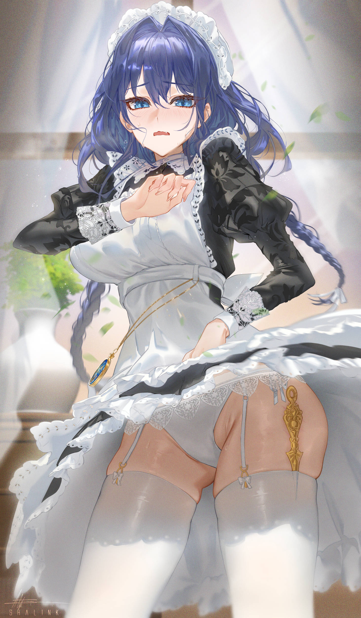 1girls, absurdres, apron, black dress, blue eyes, blue hair, blush, braid, breasts, dress, embarrassed, female, frilled dress, frilled wrist cuffs, frills, furrowed brow, garter straps, gluteal fold, groin, highres, hololive, hololive english, hololive english -council-, hololive english -promise-, juliet sleeves, large breasts, long hair, long sleeves, looking at viewer, low twin braids, maid, maid apron, maid headdress, motion blur, ouro kronii, ouro kronii (maid), panties, pantyshot, pocket watch, puffy sleeves, shalink, solo, thighhighs, twin braids, underwear, virtual youtuber, watch, wavy mouth, weapon in legwear, white apron, white garter straps, white panties, white thighhighs, wind, wind lift, wrist cuffs