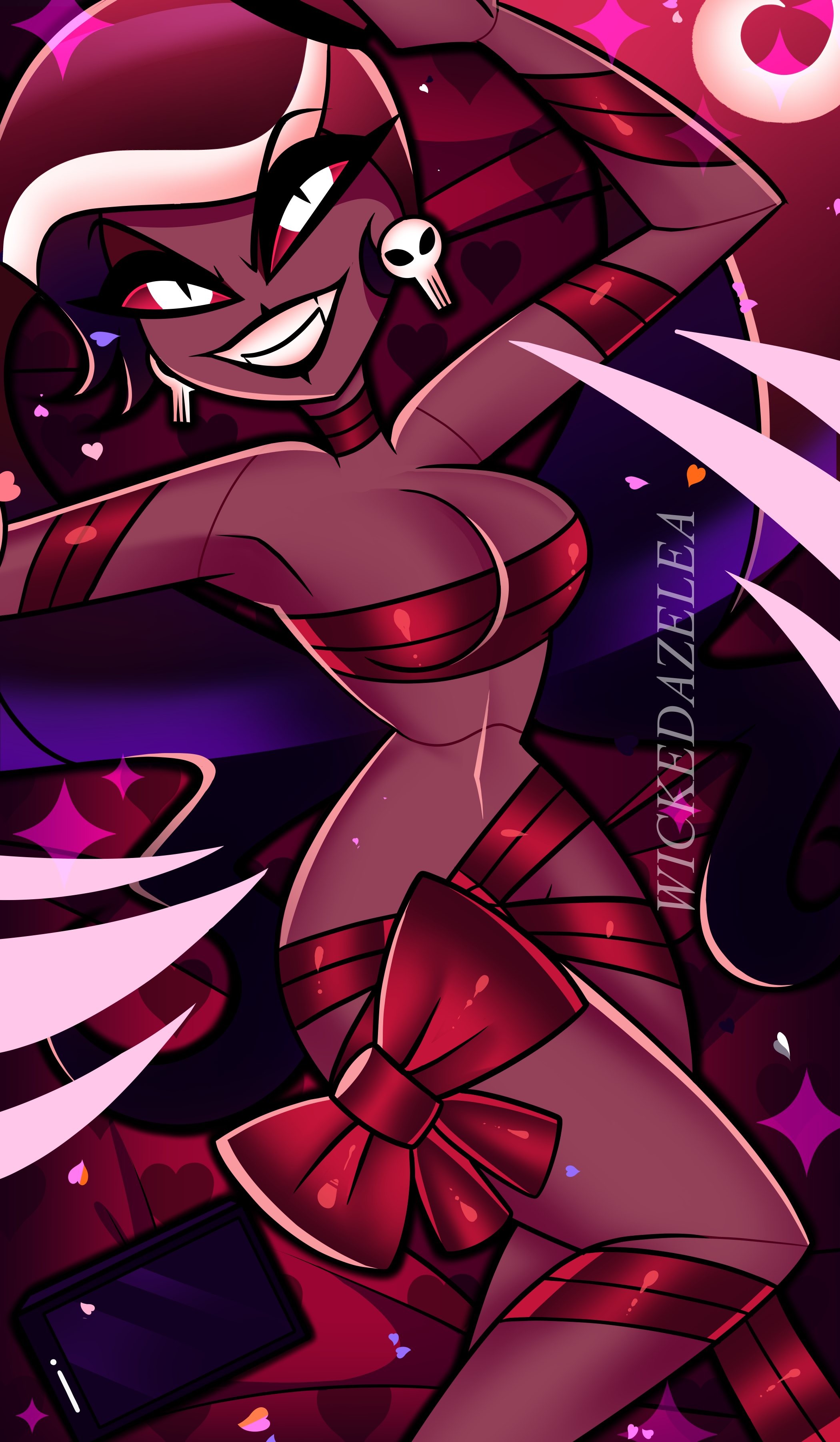 demon, demon girl, demon humanoid, demoness, fanart, female, gift bow, hazbin hotel, looking at viewer, skull earrings, smile, smiling, smiling at viewer, tagme, velvette