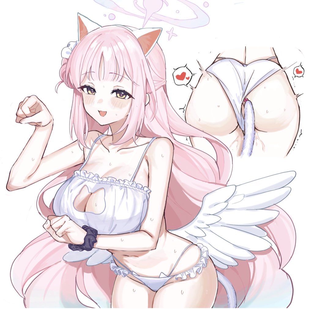 anal_tail angel_wings animal_ears ass blue_archive blush bra breasts cat_cutout cat_ear_panties cat_ears cat_lingerie cat_tail chipietsu cleavage_cutout clothing_cutout collarbone fake_tail feathered_wings female frilled_bra frilled_panties frills gradient_hair hair_bun hair_ribbon halo heart huge_breasts long_hair looking_at_viewer low_wings median_furrow meme_attire mika_(blue_archive) multicolored_hair navel open_mouth panties paw_pose pink_hair pink_halo purple_scrunchie ribbon scrunchie simple_background single_side_bun smile solo_focus stomach sweat tail tank_top thighs trembling underwear very_long_hair white_background white_bra white_panties white_ribbon white_tank_top white_wings wings wrist_scrunchie yellow_eyes