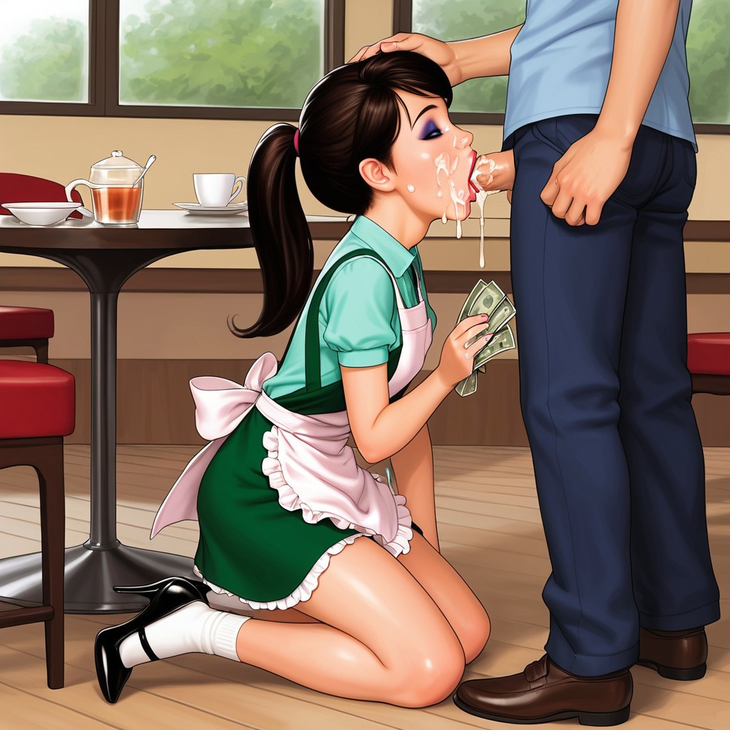 1boy 1girls ai_generated apron black_hair blowjob cafe cum cum_in_mouth cumshot deepthroat dress female high_heels male male/female ponytail socks teenager