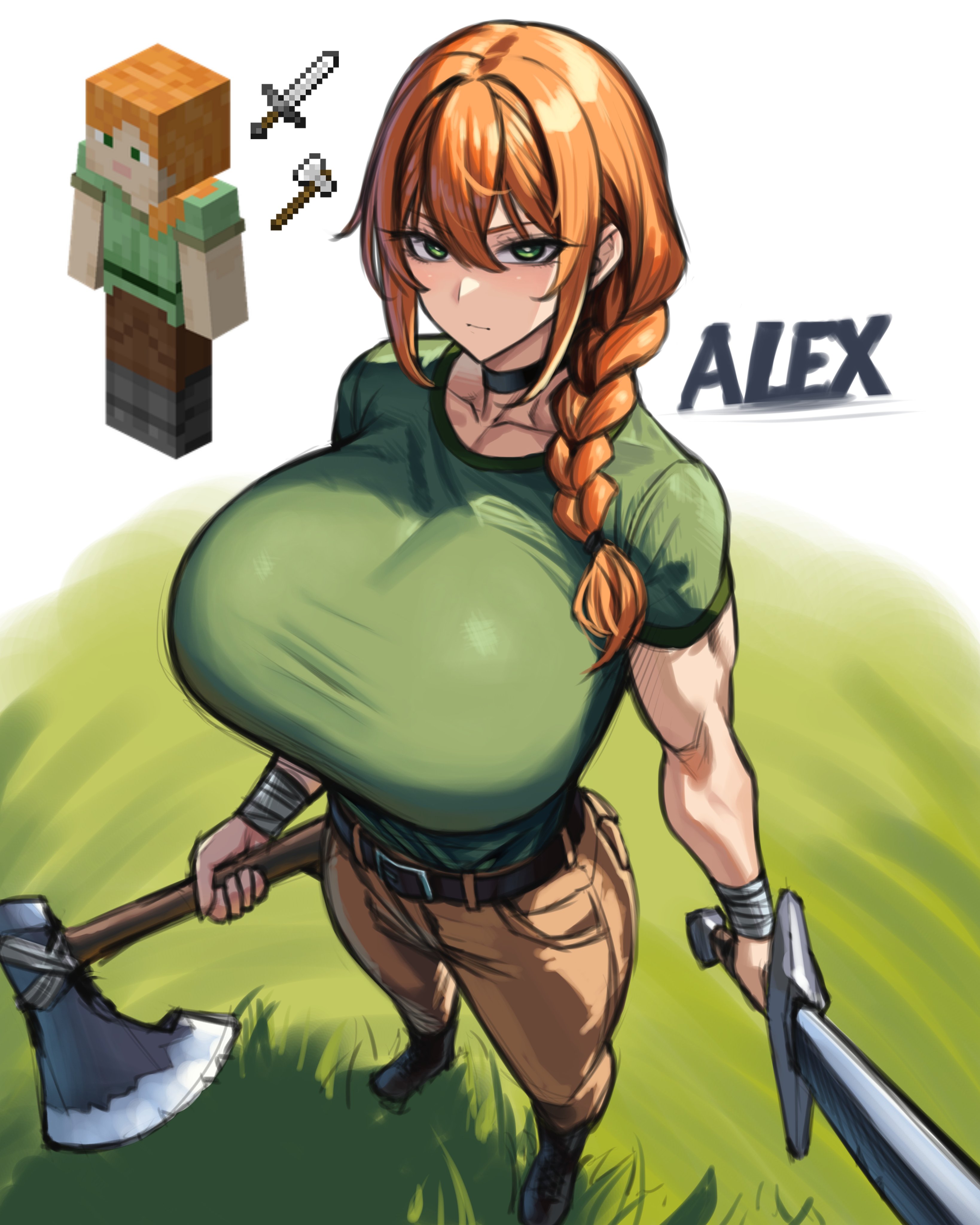 1girls, 2d, alex (minecraft), ass, axe, big ass, big breasts, big thighs, breasts, clothed, clothing, eyebrow raise, female, female only, gigantic breasts, huge breasts, human, humanoid, light skin, light-skinned female, looking at viewer, minecraft, nipples visible through clothing, pale skin, pale-skinned female, sword, tagme, thick thighs, thighs, wolffeld price