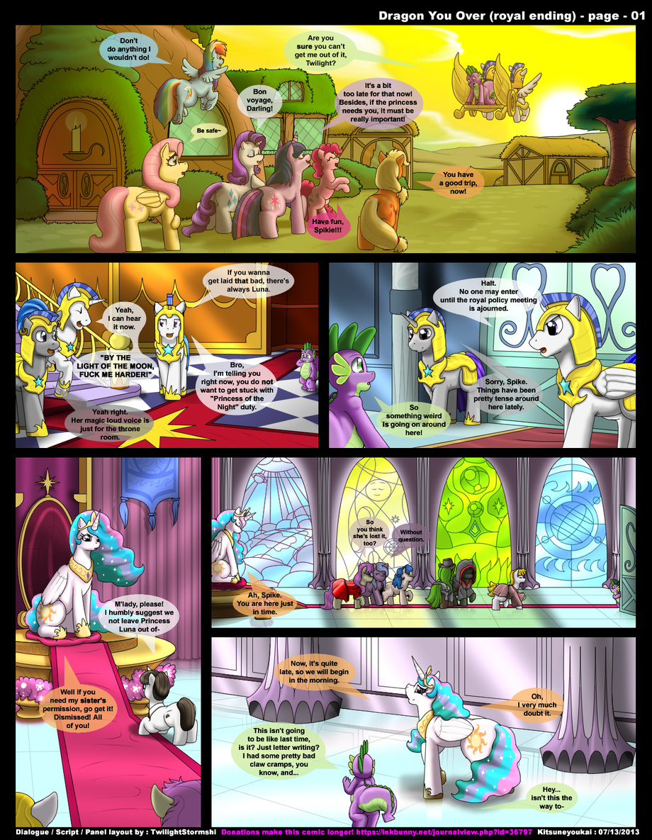 alicorn dragon dragon_you_over_(kitsune_youkai) english_text equine female friendship_is_magic from_behind furry horn horse kitsune_youkai male my_little_pony page_1 penetration pony princess_celestia_(mlp) royal_guards_(mlp) scalie smooth_skin spike_(mlp) wings