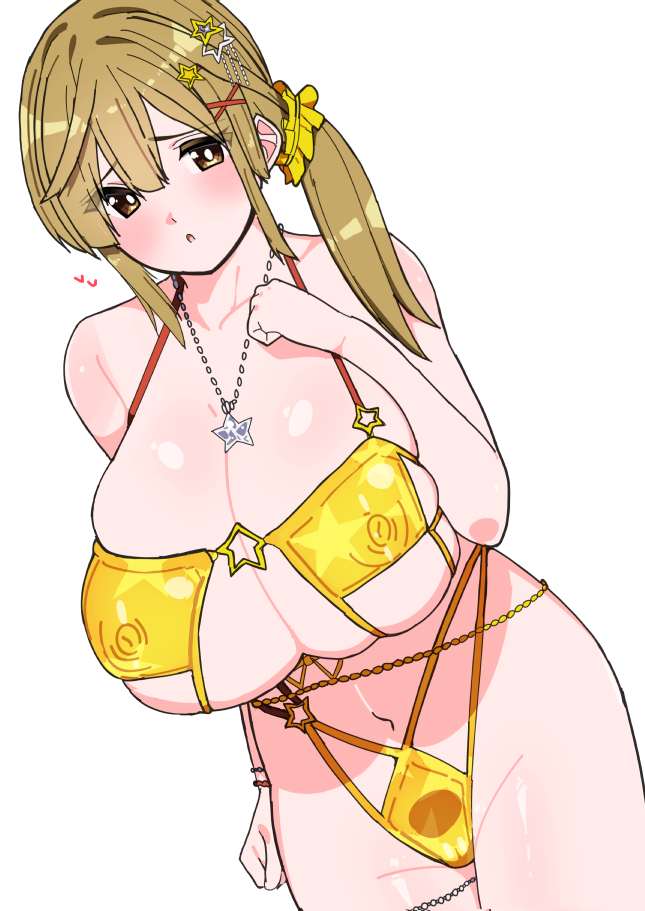 1girls alternate_breast_size big_breasts bikini blush bracelet breasts brown_eyes brown_hair cleavage dead_or_alive dead_or_alive_xtreme_venus_vacation eyepatch_bikini female female_only hair_ornament hair_scrunchie heart jewelry misaki_(doa) necklace nipples_visible_through_clothing nishisan_(mikurosu) open_mouth scrunchie simple_background skindentation solo standing star white_background