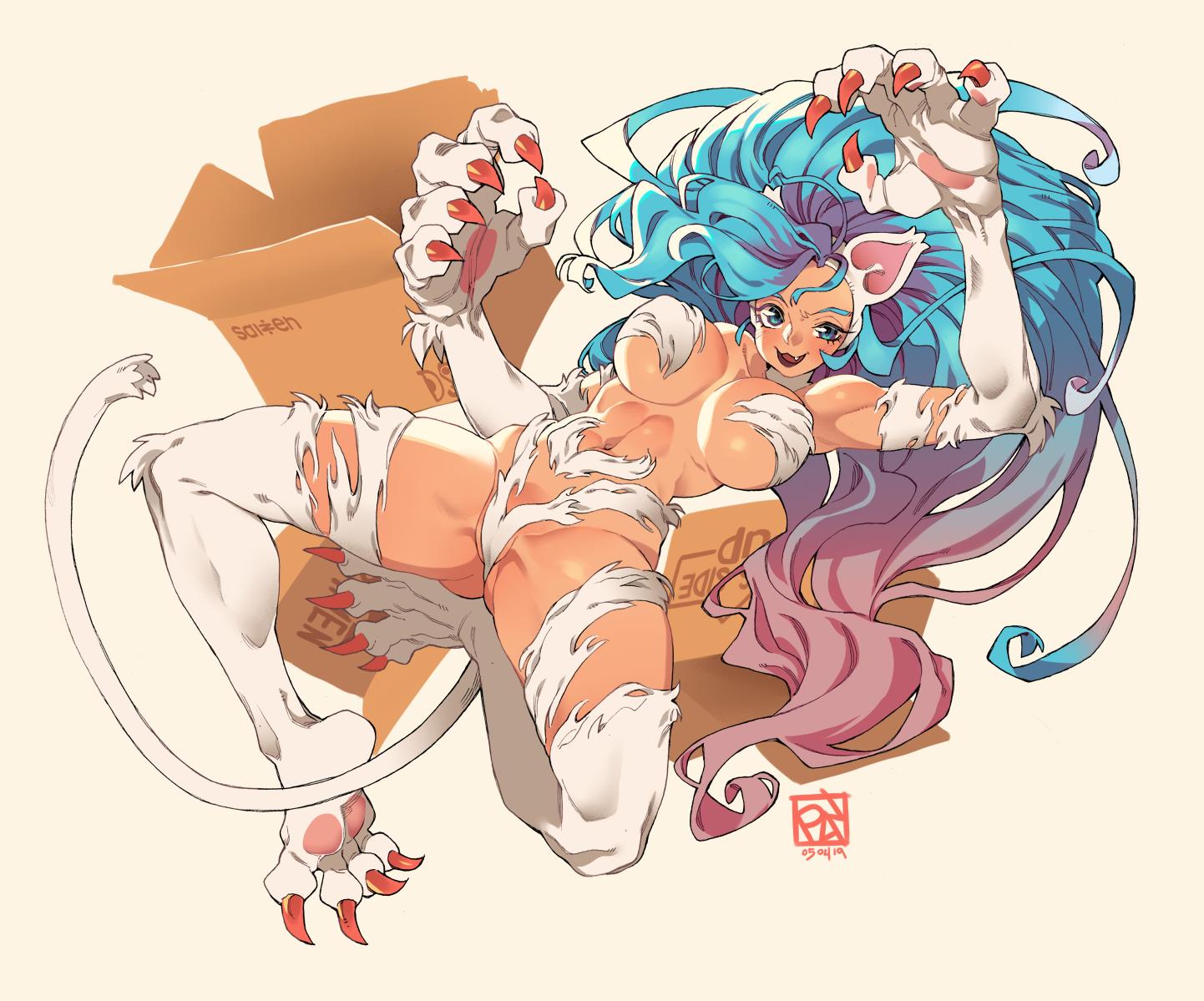 abs, aqua hair, breasts, cardboard box, darkstalkers, felicia, felicia (darkstalkers), female, fit, huge breasts, large breasts, looking at viewer, paws, poch4n, pose, spread legs