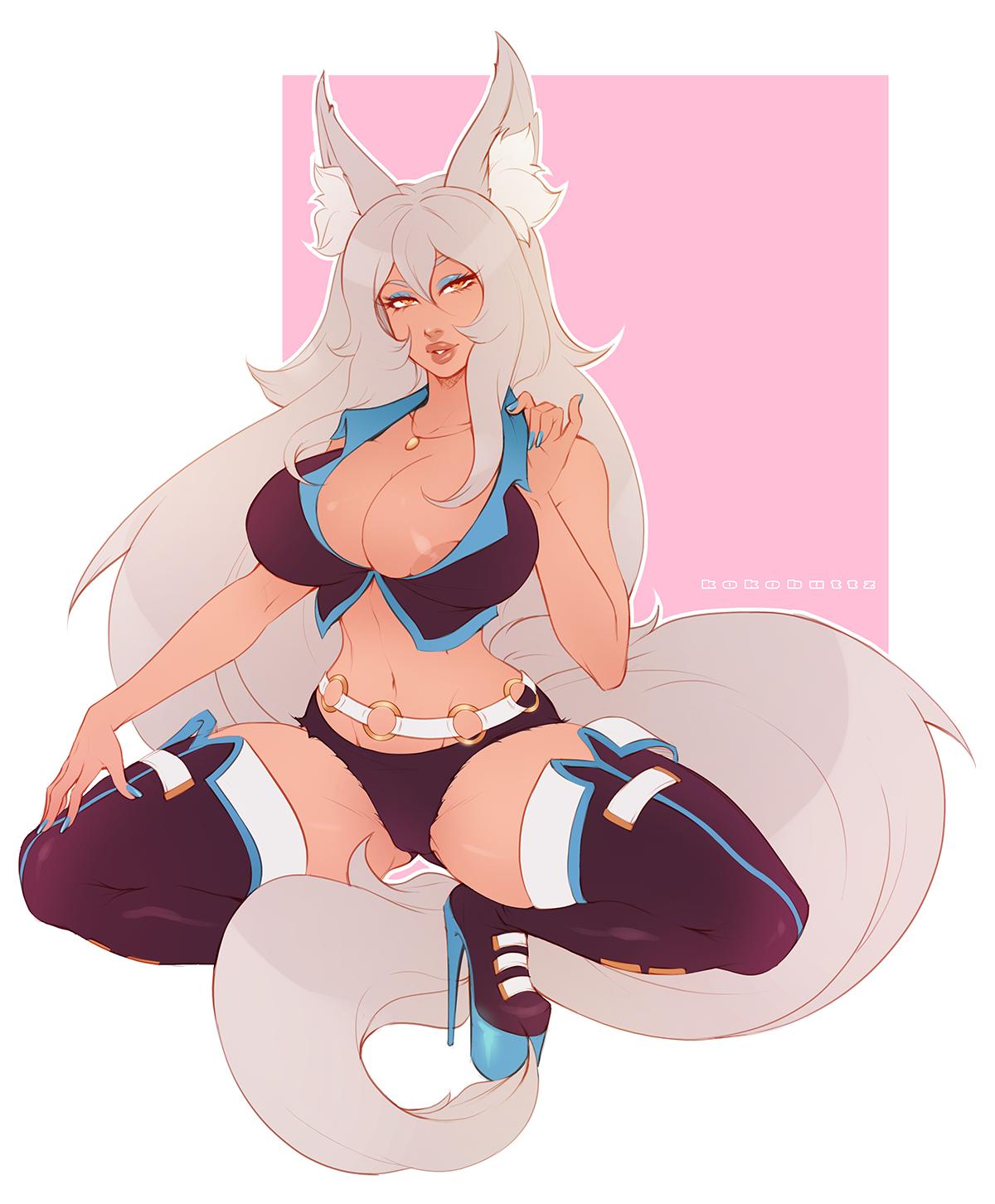1girls, animal ears, animal humanoid, artist name, big breasts, breasts, cleavage, clothing, female, female only, hair, kokobuttz, large breasts, panties, solo, tail, thighhighs, watermark