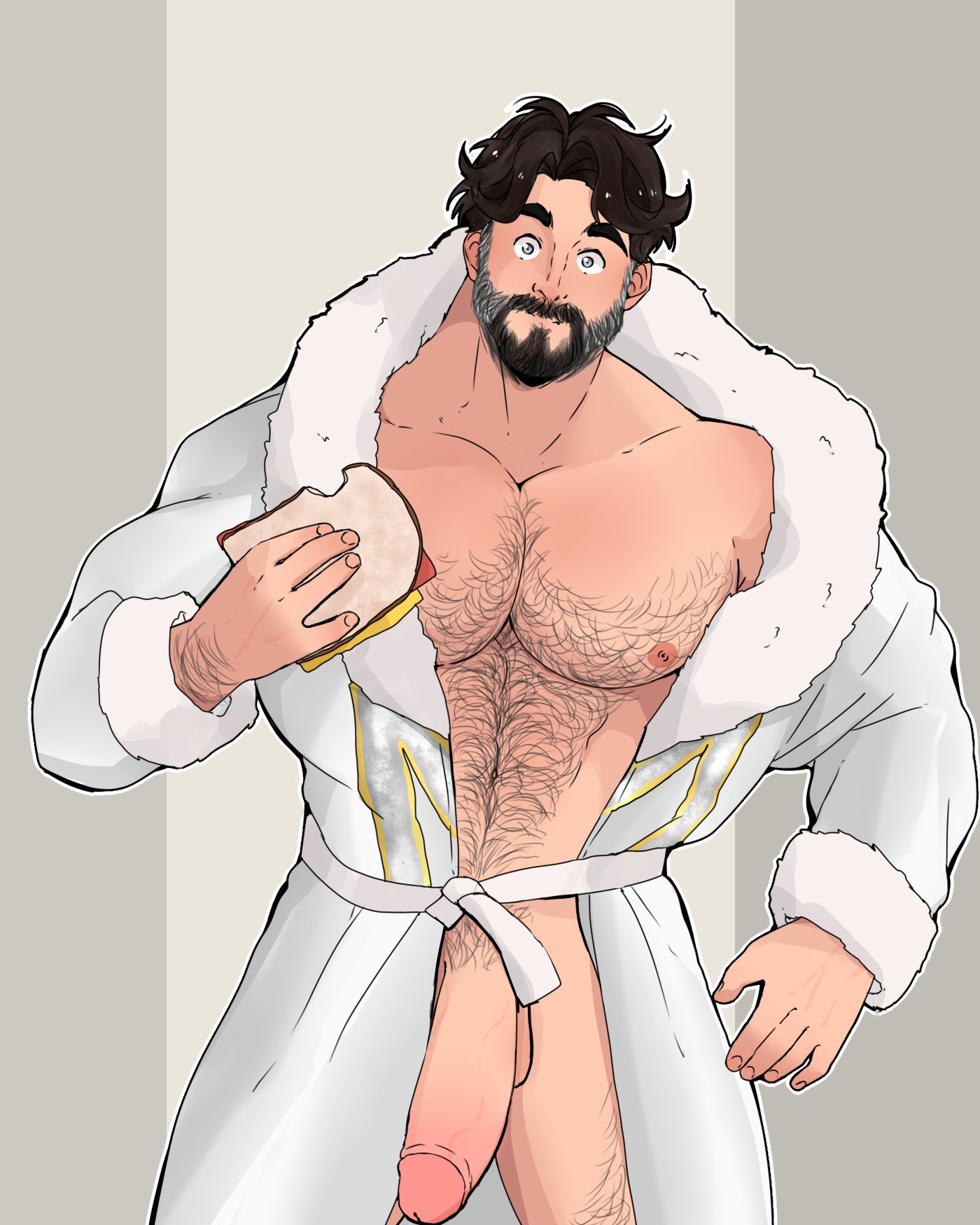1boy, bara, canonical scene, clothed, clothing, dreamworks, dreamworks animation, eating, foreskin, huge cock, male, megamind, metro man, muscular, muscular chest, paramount pictures, penis, retracted foreskin, sandwich (food), solo male, uncircumcised, wickedsturdy, yaoi