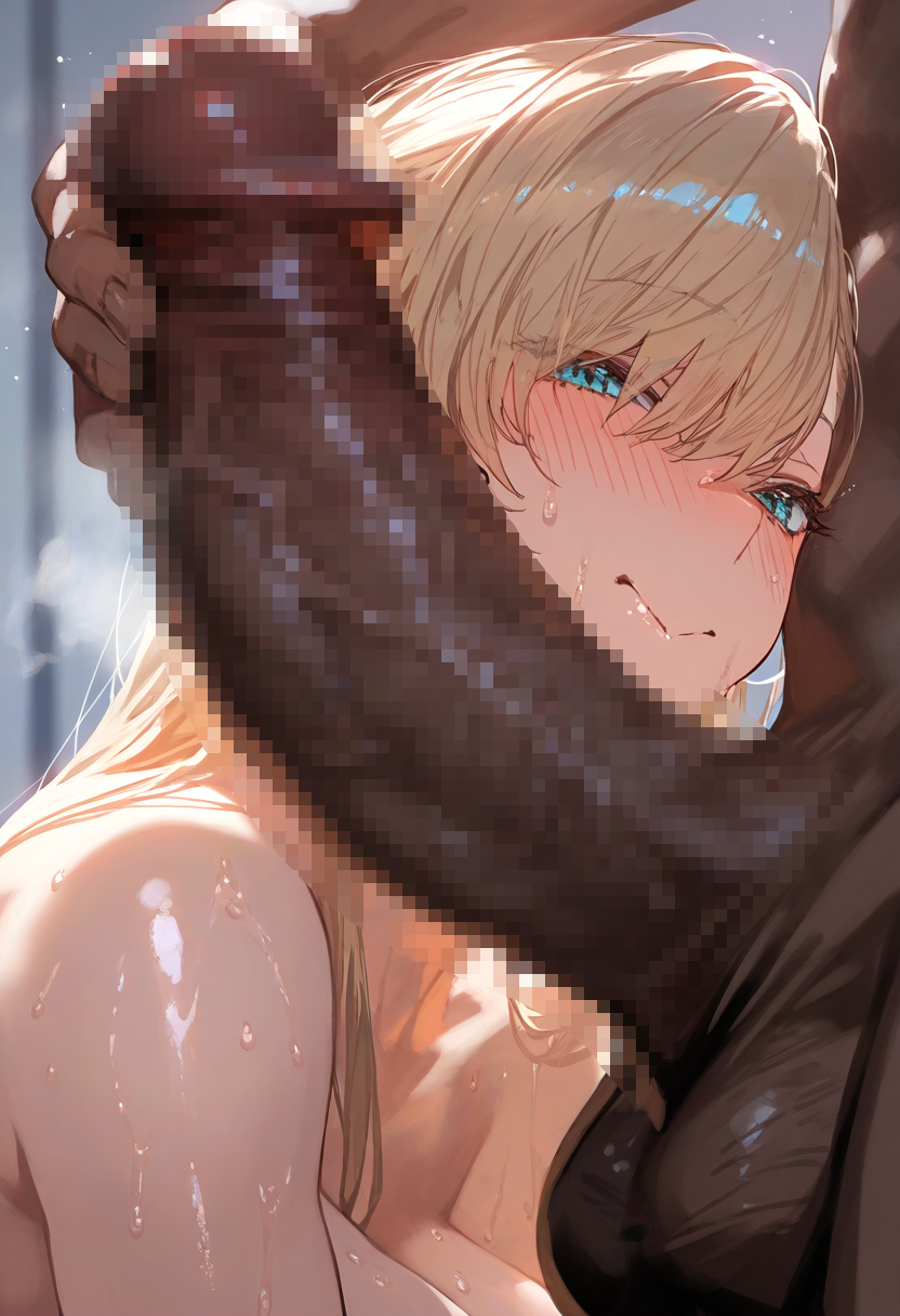 abs ai_generated asuna_(blue_archive) big_penis blonde_hair blue_archive blue_eyes dark-skinned_male huge_breasts huge_cock long_hair on_knees radiopopcorn veiny_cock