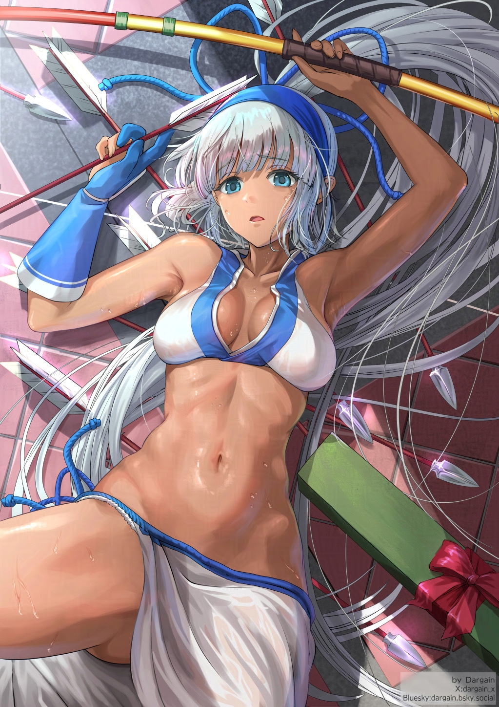 1girls archery armpits arms_up big_breasts bikini blue_eyes breasts busty cleavage dargain_x dark-skinned_female dark_skin female female_only fingerless_gloves gloves grey_hair hair_ribbon highres large_breasts legs long_hair looking_at_viewer lying majikina_mina navel parted_lips ponytail pose posing ribbon samurai_shodown sarong snk solo sweat swimsuit thighs toned very_long_hair voluptuous white_bikini