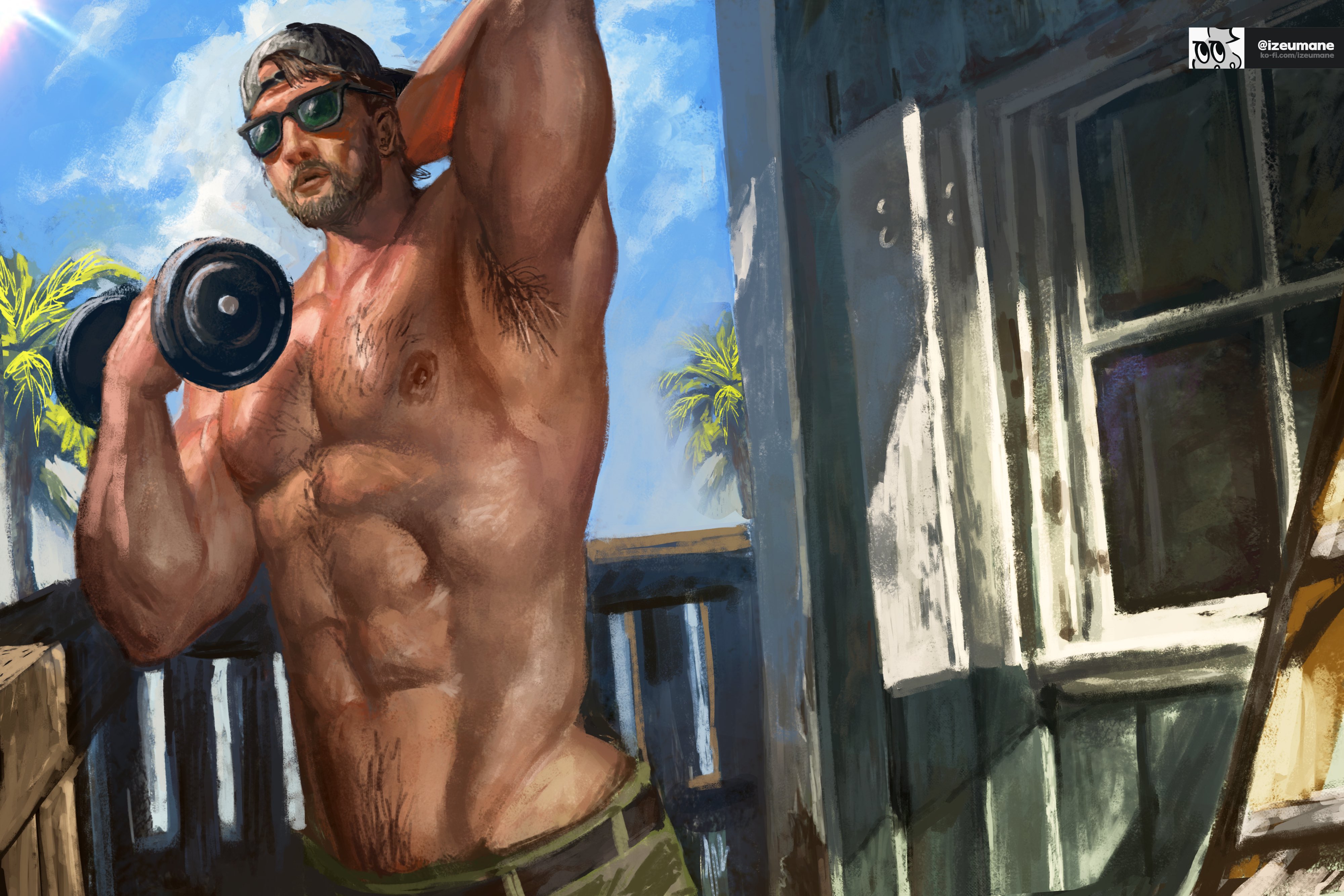 1boy, 1guy, 2d, 2d artwork, arm above head, arm behind head, armpit, armpit crease, armpit fetish, armpit hair, armpits, athletic, athletic male, backwards baseball cap, backwards cap, backwards hat, bara, beard, beard stubble, bearded, cargo, cargo shorts, colored, exercise, exercise equipment, exercising, grand theft auto, grand theft auto vi, hairy, hairy armpits, hairy chest, hairy male, hand behind head, happy trail, izeumane, jason (gta), jason duval, jason duval (gta vi), looking at another, looking at viewer, male, male focus, male nipples, male only, muscles, muscular, muscular male, painting (artwork), palm tree, pubes, public topless, rockstar games, shack, shirtless, shirtless (male), shirtless male, sunglasses, sunglasses on face, sunglasses on head, sweat, sweating, sweating male, topless, topless male, weightlifting, weights, working, working out, yaoi