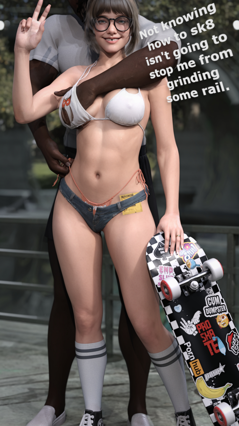 3d, bangs, bikini, bikini bottom, bikini top, breast grab, breasts, brown hair, cheating, cheating wife, condom, condom wrapper, converse, dark hair, dark skin, dark-skinned male, english text, female, gapped teeth, glasses, hdr ntrgirl, hdregrets, hooters, hotpants, interracial, jean shorts, large breasts, light skin, light-skinned female, male, netorare, ntr, open shorts, original character, queen of spades, see-through, see-through top, short shorts, shorts, side tie bikini, side tie bikini bottom, skateboard, skater, skater girl, socks, text, unused condom, wedding ring