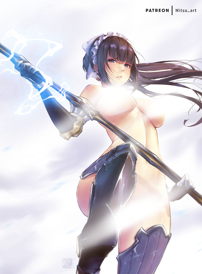 1girls, censored, convenient censoring, female, gauntlets, looking at viewer, mitsu art, narberal gamma, overlord (maruyama), thighhighs