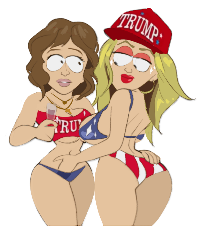 2girls, american flag bikini, bikini, blonde hair, breasts, brown hair, comedy central, cross necklace, donald trump, female, female only, hoop earrings, large breasts, maga, maga hat, red lips, republican, sketch, smile, south park, sparkles, unknown artist, unnamed characters, wine glass