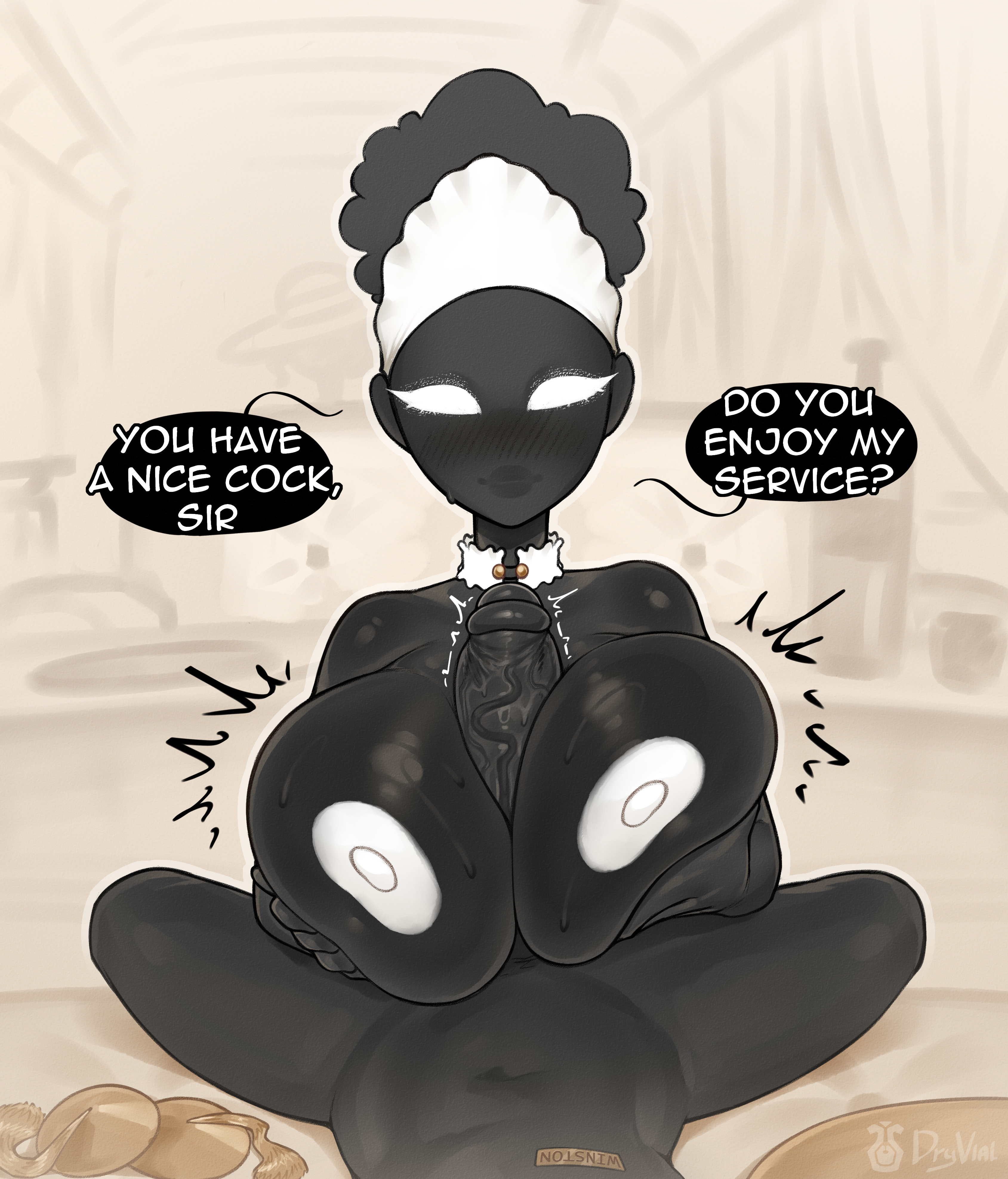 1girls, 2d, beholder (series), beholder conductor, big breasts, black body, breasts, colored areola, colored nipples, dark-skinned male, dialogue, dryvial, english text, female, female focus, large breasts, looking at viewer, maid (beholder), male, nipple slip, paizuri, penis, penis between breasts, presenting breasts, solo focus, speech bubble, text, titjob, white areola, white eyes, white nipples, winston smith (beholder)