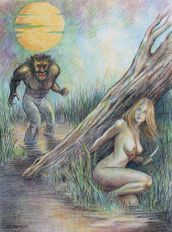 anthro breasts brown_body brown_fur canid canine claws clothed clothing duo female fist full_moon fur grass hair hiding holding_object holding_weapon human hunting kneeling knife long_hair male mammal moon mythological_canine mythological_creature mythology navel nude odavis open_mouth orange_hair outside partially_clothed partially_submerged plant red_eyes sharp_teeth signature stalking swamp teeth topless tree water weapon werecanid werecanine werecreature werewolf