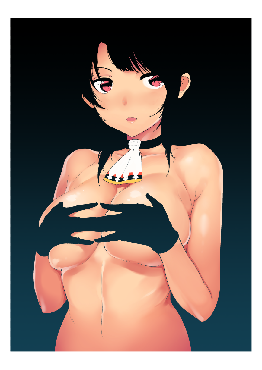 akagi_asahito black_gloves black_hair breasts choker covering covering_breasts female gloves gradient gradient_background kantai_collection large_breasts neckerchief open_mouth out-of-frame_censoring red_eyes simple_background solo takao_(kantai_collection) topless