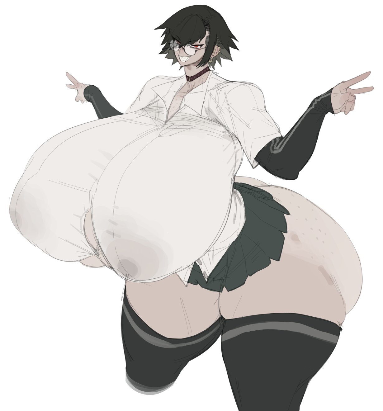 1girls, 2d, 2d (artwork), areolae visible through clothing, ass, black hair, braces, breasts, busty, clothed, clothing, collar, curvy, curvy female, curvy figure, double v, ear piercing, female, female only, glasses, huge ass, huge breasts, human, light skin, light-skinned female, looking at viewer, maotthat, miniskirt, nipples visible through clothing, no bra, oc, original character, peace sign, plain background, red eyes, sharp teeth, short hair, simple background, solo, solo female, thick thighs, thigh, thighhighs, thighs, v sign, white background
