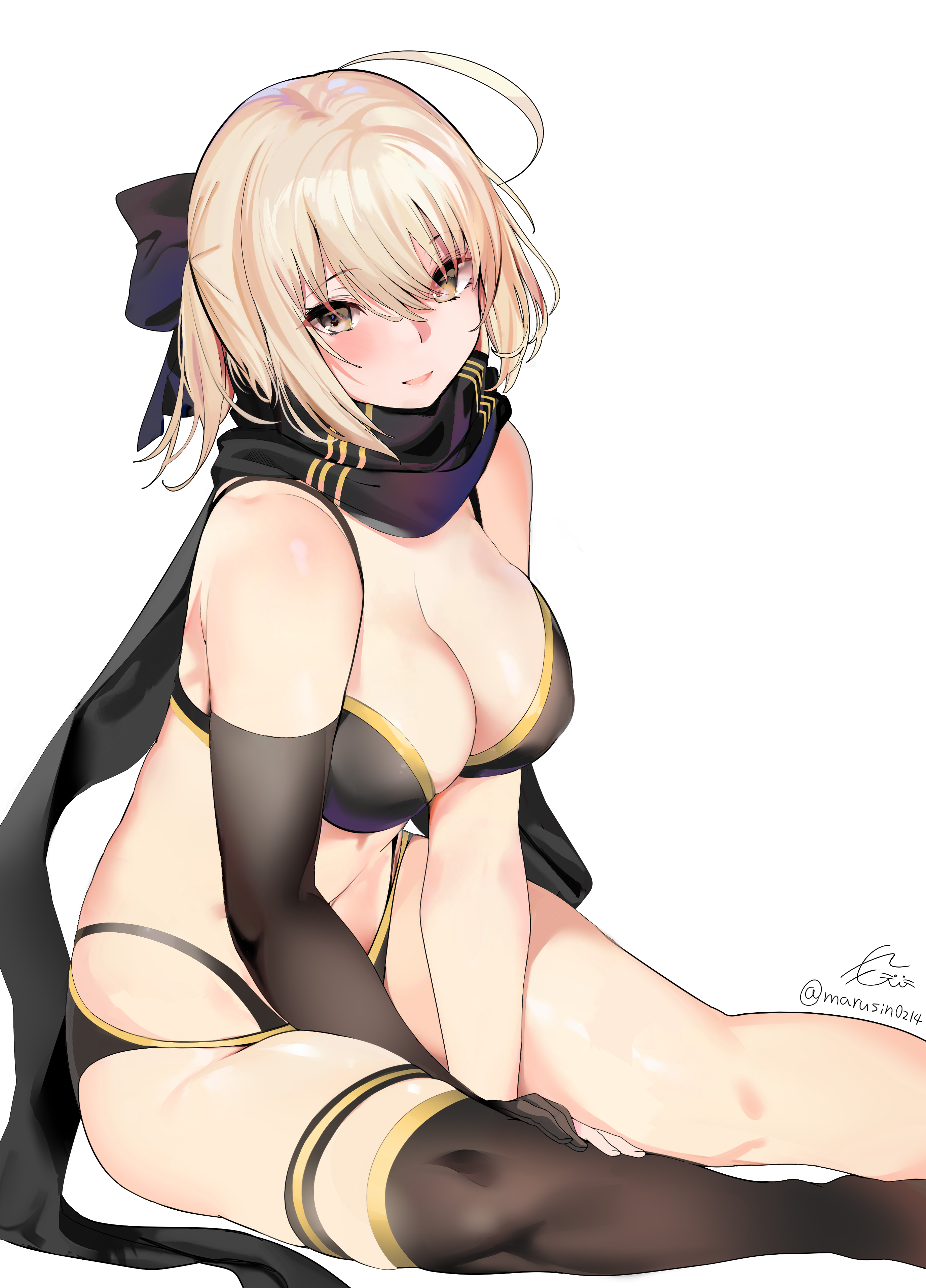 1girls, ahoge, asymmetrical legwear, bare shoulders, bikini, black bikini, black gloves, black legwear, black scarf, black swimsuit, blonde, blonde hair, blush, bow, breasts, brown eyes, cleavage, fate (series), fate/grand order, female, gloves, hair between eyes, hair bow, hair ornament, large breasts, looking at viewer, marushin (denwa0214), navel, okita souji (fate), okita souji (fate) (all), okita souji (swimsuit assassin) (fate), open mouth, scarf, short hair, simple background, single glove, single thighhigh, sitting, smile, solo, swimsuit, thigh strap, thighhighs, thighs, white background