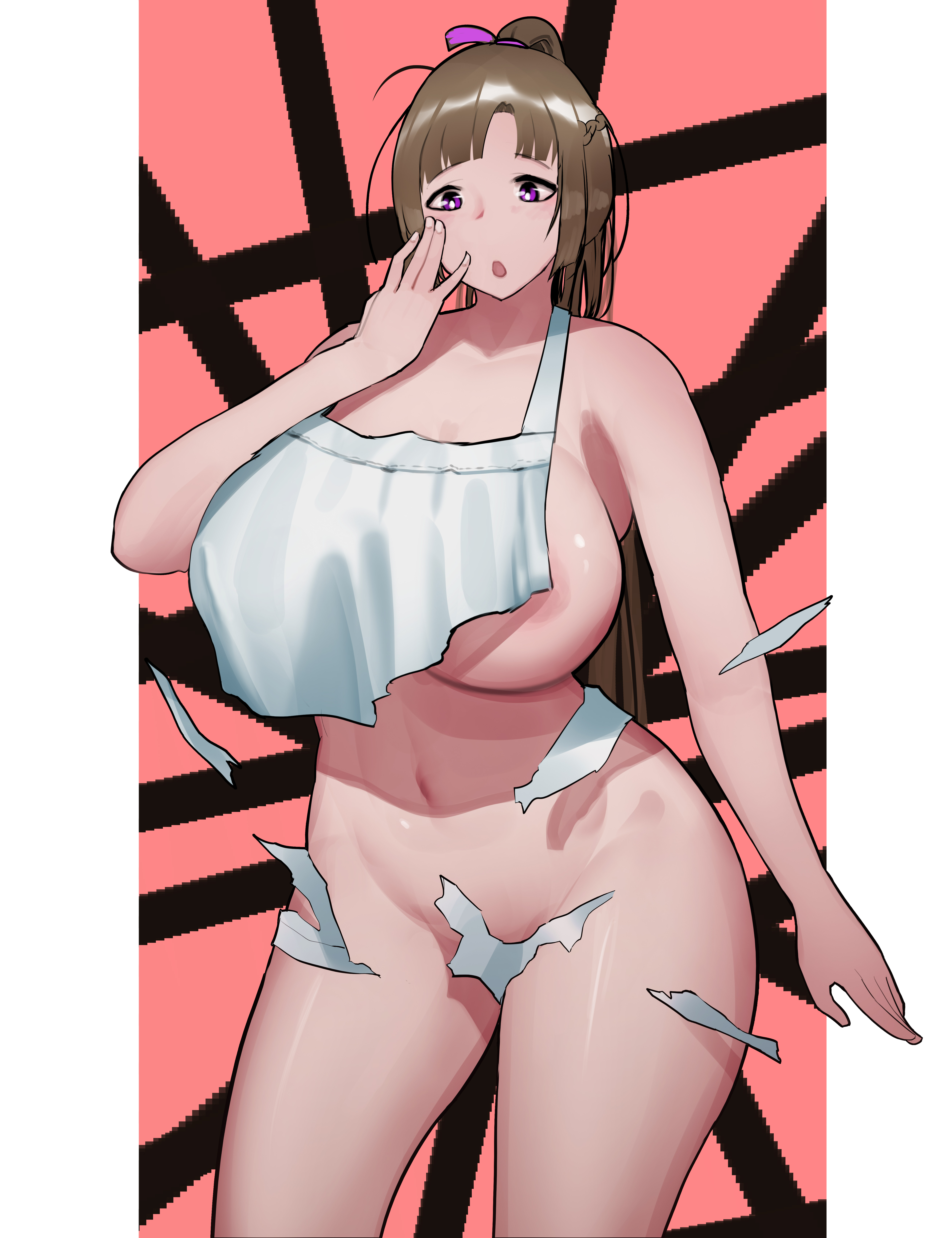 1girls, abs, alternate breast size, alternative hairstyle, apron, areola, areola slip, areolae, ass, bangs, bare shoulders, belly, big ass, big breasts, blush, bottomless, breasts, brown hair, cleavage, convenient censoring, eye contact, female, female only, hair ornament, hair ribbon, huge breasts, large ass, large breasts, long hair, looking at viewer, mature, milf, mmmmmkun, mother, naked apron, navel, oosuki mamako, open mouth, parted bangs, pink background, ponytail, pose, purple eyes, ribbon, shiny, shiny hair, shiny skin, shirt, sideboob, solo, standing, surprised, tearing clothes, thick thighs, thigh gap, thighs, tied hair, torn clothes, tsuujou kougeki ga zentai kougeki de ni-kai kougeki no okaasan wa suki desu ka?, underboob, wardrobe malfunction, white border, wide hips