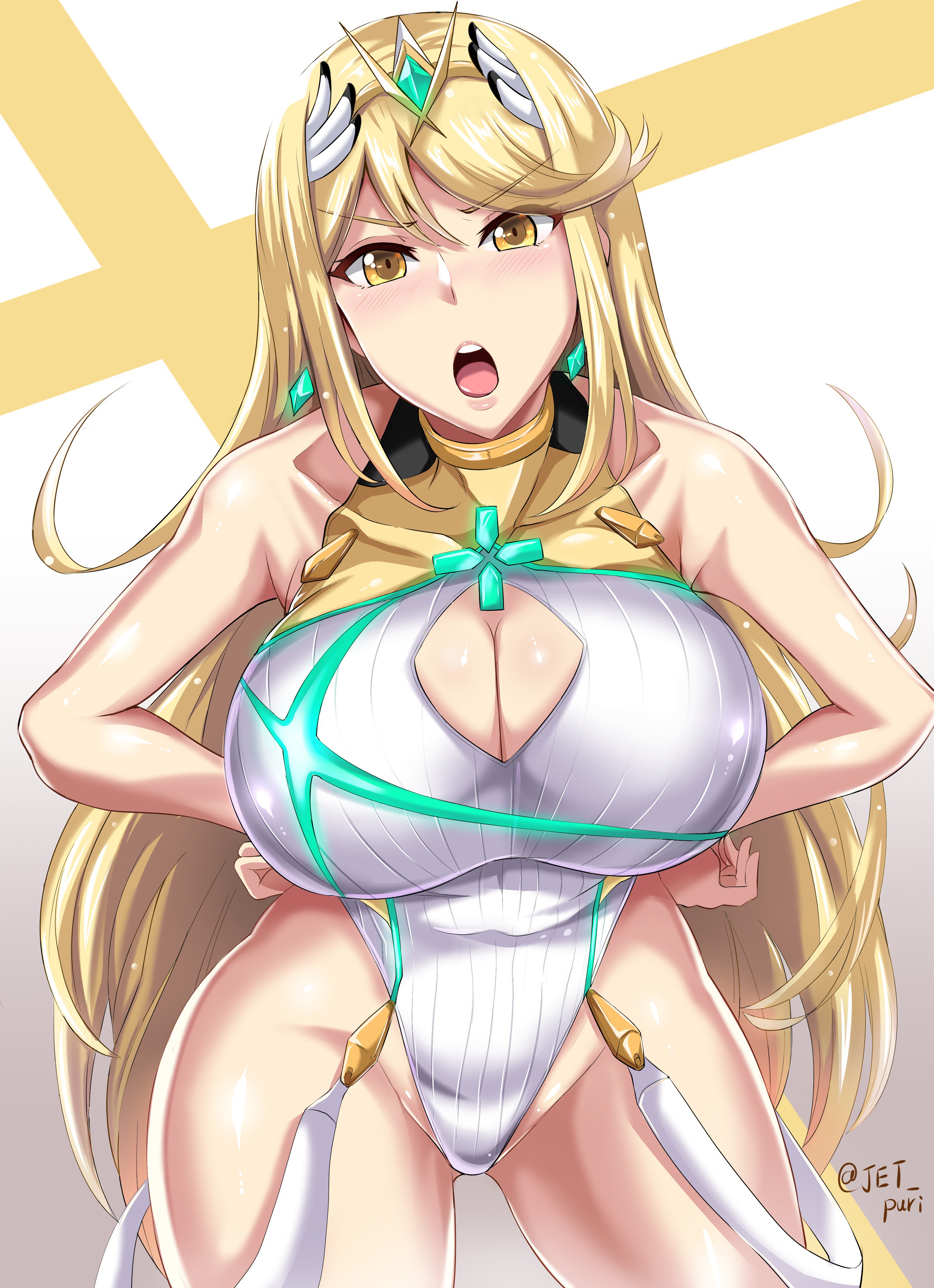 1girls, arms up, bangs, bare shoulders, blonde hair, breasts, cleavage, cleavage cutout, competition swimsuit, covered navel, earrings, female, gem, hair ornament, huge breasts, jet puri, jewelry, long hair, looking at viewer, mythra (xenoblade), one-piece swimsuit, open mouth, sitting, swept bangs, swimsuit, thigh gap, thighs, very long hair, wet, xenoblade (series), xenoblade chronicles 2, yellow eyes