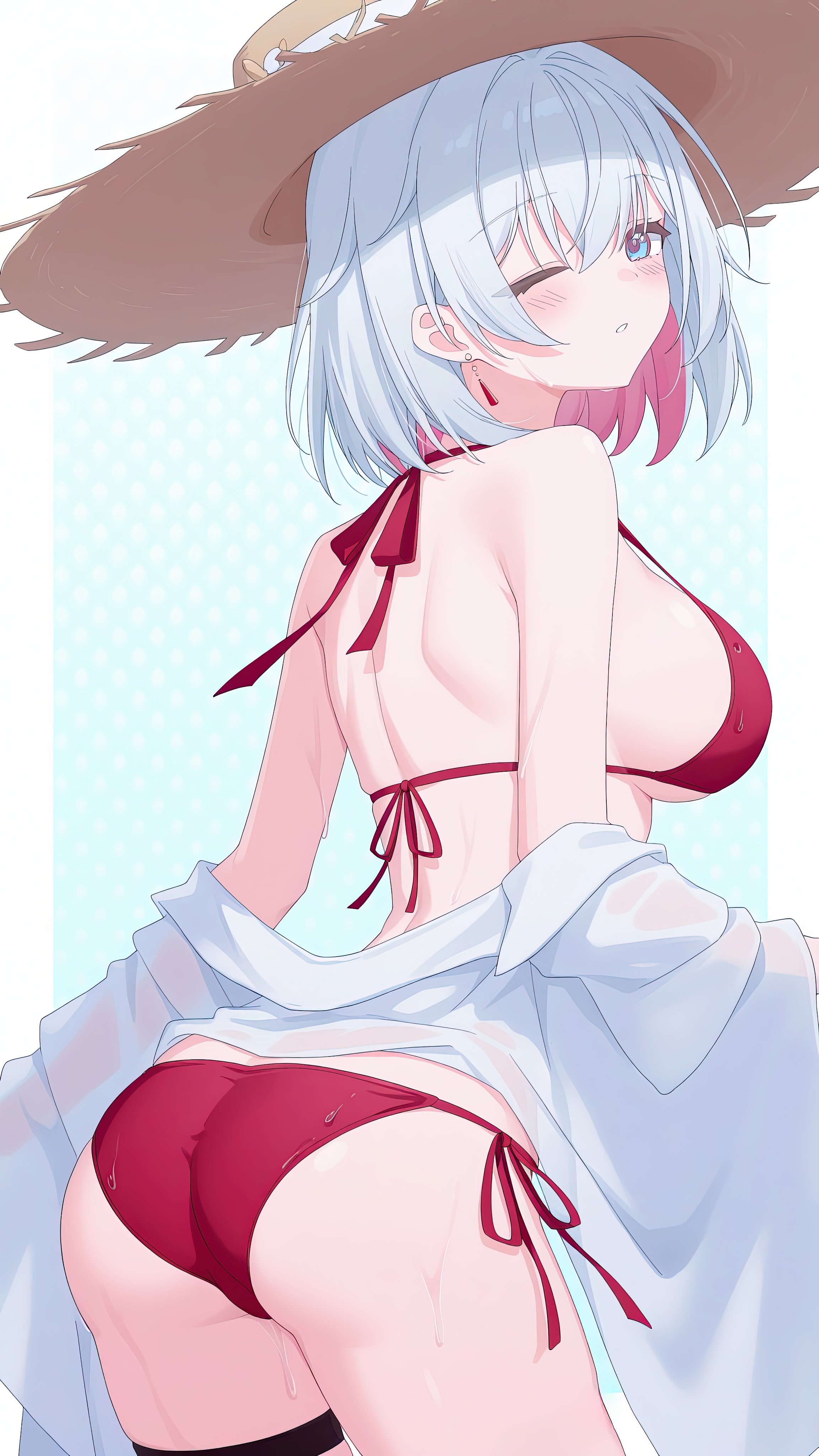 ass, ass focus, bare shoulders, bikini, blue eyes, blush, breasts, female, from behind, hat, honkai (series), honkai: star rail, large breasts, looking at viewer, looking back, multicolored hair, ndik, one eye closed, parted lips, red hair, short hair, sideboob, solo, straw hat, sweat, swimsuit, thigh strap, topaz (honkai: star rail), two-tone hair, white hair