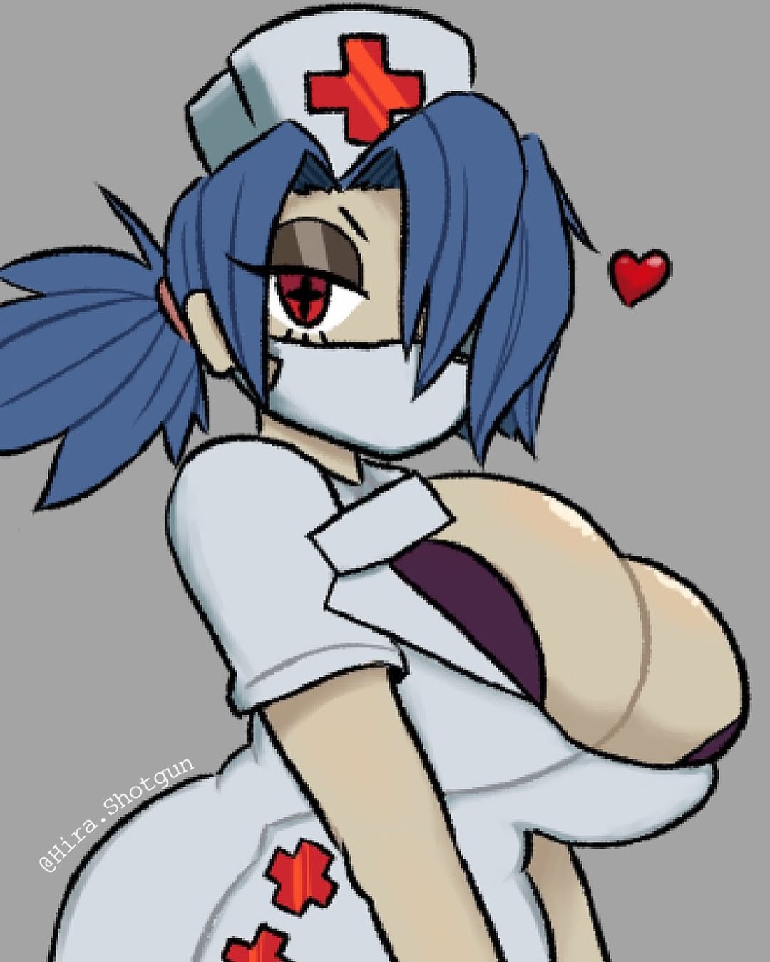 2d 2d_(artwork) 2d_artwork artist_name big_breasts blue_hair bra bra_peek bra_visible_through_clothes breasts cleavage curvaceous curvy curvy_body curvy_female curvy_figure deep_cleavage face_mask green_skin heart heart_symbol hira.shotgun huge_breasts looking_at_viewer nurse nurse_cap nurse_clothing nurse_hat nurse_uniform overflowing_breasts ponytail red_eyes simple_background skullgirls top_heavy twitter_username valentine_(skullgirls)
