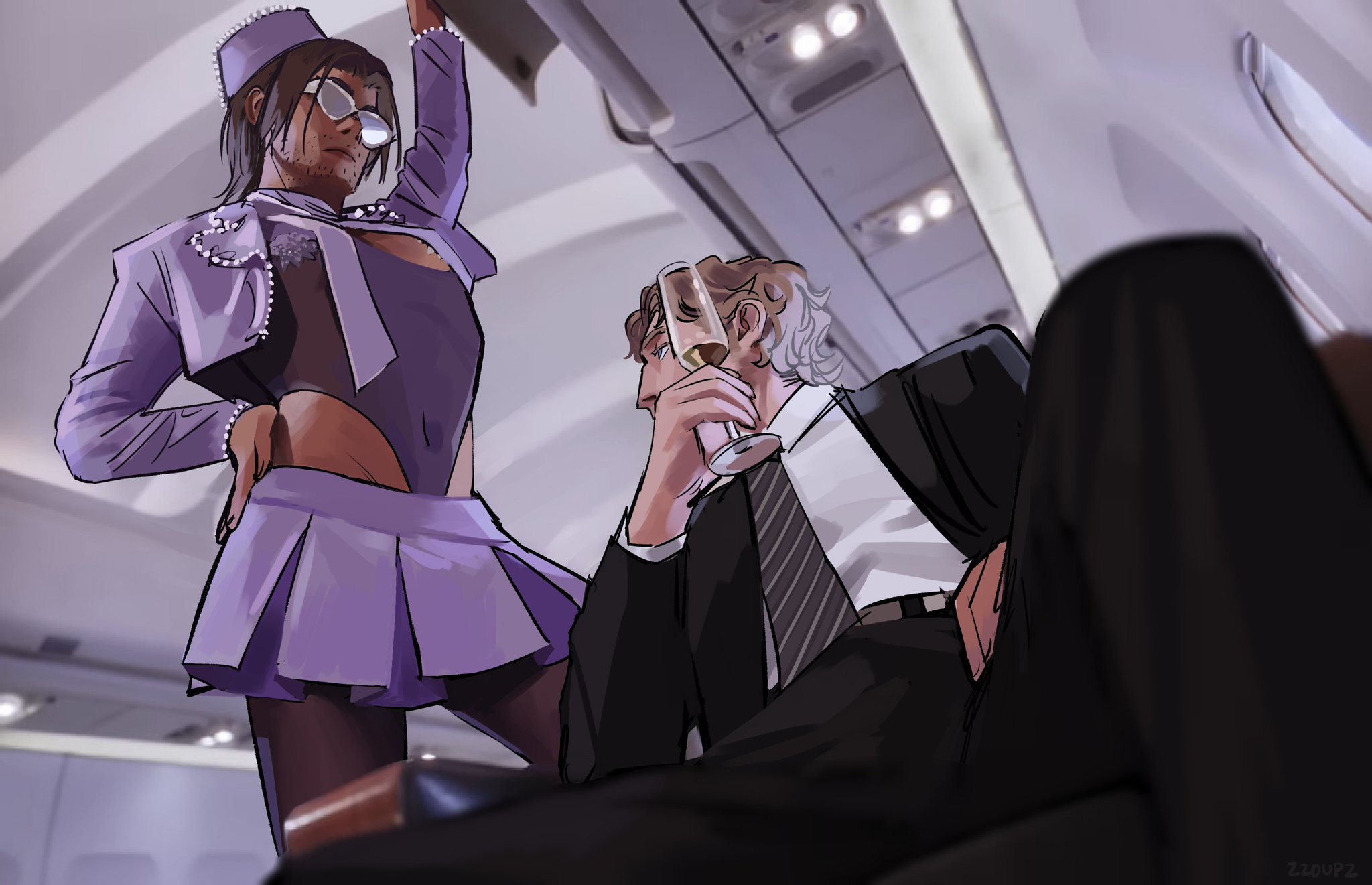 2boys, 2d, airplane, airplane interior, bare hips, belly button, bellybutton, between legs, black suit, blond male, blonde hair, blue eyes, bodysuit, bodysuit under clothes, brown hair, champagne, champagne glass, cocked hip, crossdressing, curly (mouthwashing), drag (fashion), dutch angle, fancy, femboy, femboy dilf, gay, hand on hip, jimmy (mouthwashing), looking at another, looking down, looking up, low-angle view, male, male focus, miniskirt, mouthwashing, mouthwashing (game), navel, navel visible through clothes, parody, pearls, pleated skirt, purple clothing, sitting, sitting on chair, stewardess, stockings, stubble, suit, suit and tie, sunglasses, yaoi, zzoupz