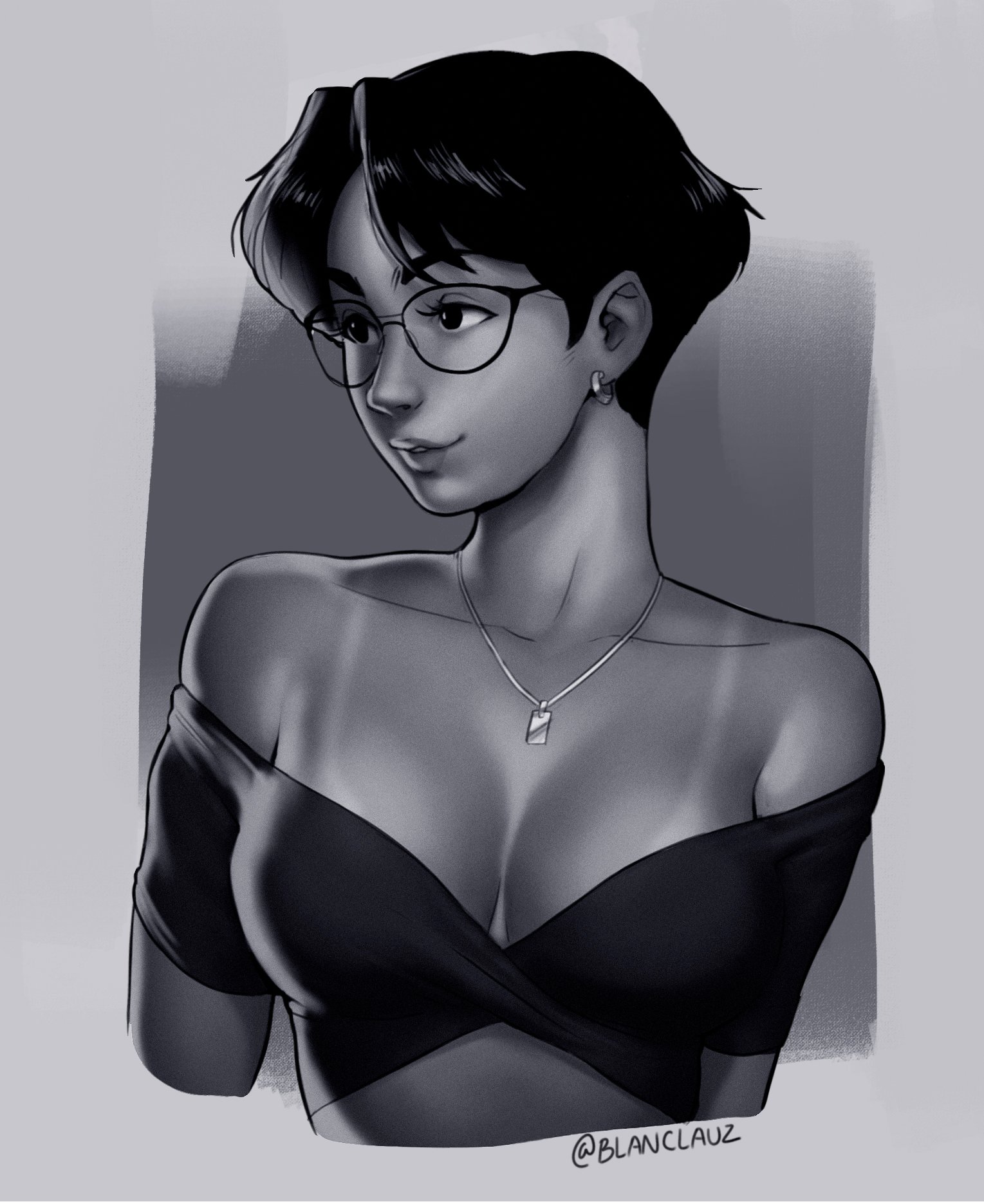 1girls, bare shoulders, black hair, blanclauz, breasts, brunette, bust, character request, cleavage, female, female only, glasses, lips, looking to the side, medium breasts, megane, monochrome, necklace, original, original character, portrait, short hair, solo, tanlines, tanned