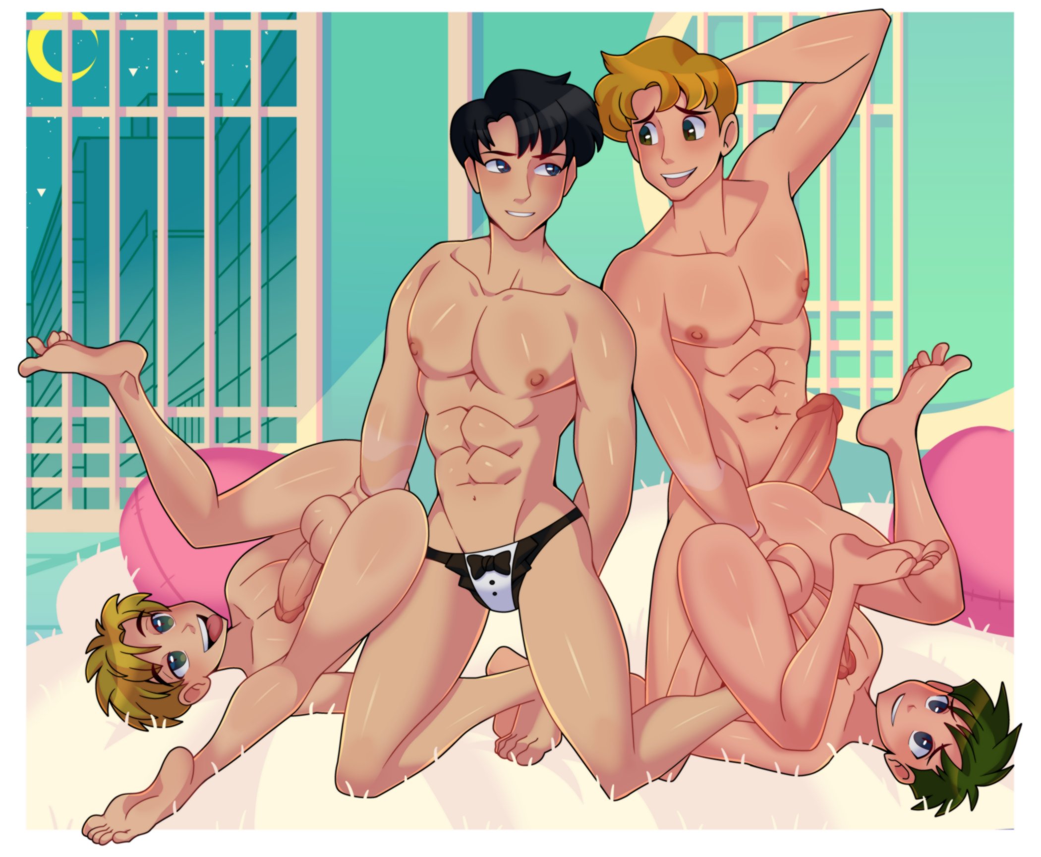 2024, 4boys, anal, anal fisting, anal sex, balls, bishoujo senshi sailor moon, black hair, black-haired male, blonde hair, blonde male, carpet, circumcised, commission, cozy, crescent moon, cushion, cushions, deep fisting, deep penetration, elbow deep anal fisting, elbow deep fisting, erection, feet, fisting, fucking on rug, gay, green hair, green-haired male, hand behind head, horny face, horny male, human only, kyuusuke sarashina, large insertion, legs up, looking at another, looking pleasured, lying on back, male, male only, male/male/male/male, mamoru chiba, moon, motoki furuhata, muscles, night, nipples, nude, shingo tsukino, size difference, speedo, speedo only, tongue, tongue out, tuxedo underwear, window, yaoi, yuunsfw