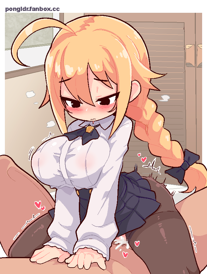 1boy ahoge black_bow black_bowtie black_eyes black_pantyhose black_skirt blazblue blonde_hair blush bow bowtie breasts closed_mouth commentary cowgirl_position cum cum_in_pussy cum_overflow es_(xblaze) female hairbow huge_breasts long_sleeves male miniskirt paid_reward_available pantyhose pleated_skirt pongldr sex shirt skirt solo_focus straight torn_clothes torn_pantyhose twintails vaginal_penetration white_shirt xblaze xblaze_code:_embryo