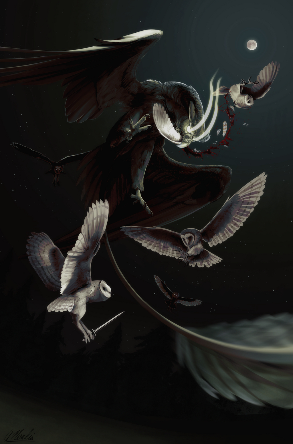 2019 ambiguous_gender avian barn_owl battle_claws beak bird blood bodily_fluids detailed_background digital_media_(artwork) digital_painting_(artwork) dismemberment earldense feathered_wings feathers feral fight flying full_moon glowing glowing_eyes gore group guardians_of_ga'hoole hagsfiend hi_res holding_melee_weapon holding_object holding_sword holding_weapon loose_feather melee_weapon midair moon night outside owl painting_(artwork) shaded size_difference star sword tail tail_feathers tyto tytonid weapon wings