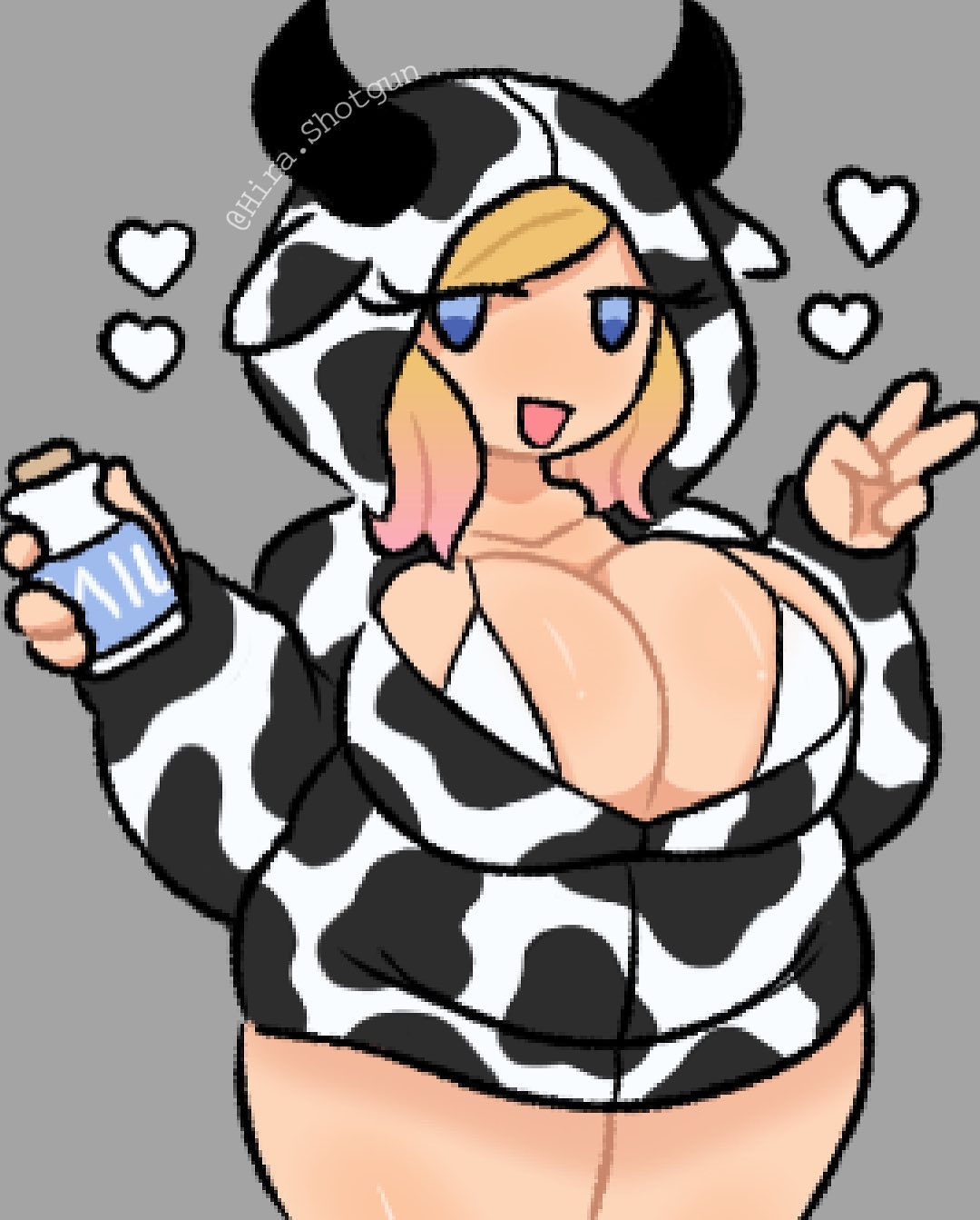 1female 1girls 2d 2d_(artwork) 2d_artwork alternate_hairstyle artist_name big_breasts blonde_female blonde_hair blonde_hair_female blue_eyes breasts breasts_bigger_than_head cow_ears cow_girl cow_hoodie cow_horns cow_print curvaceous curvy curvy_body curvy_female curvy_figure cute cute_face cute_girl eyelashes heart heart_symbol hearts_around_head hira.shotgun holding holding_milk holding_object huge_breasts large_breasts light-skinned_female light_skin peace_sign simple_background solo solo_female solo_focus standing thick_thighs thighs twitter_username unique_style v_sign voluptuous voluptuous_female white_bikini_top white_top white_topwear