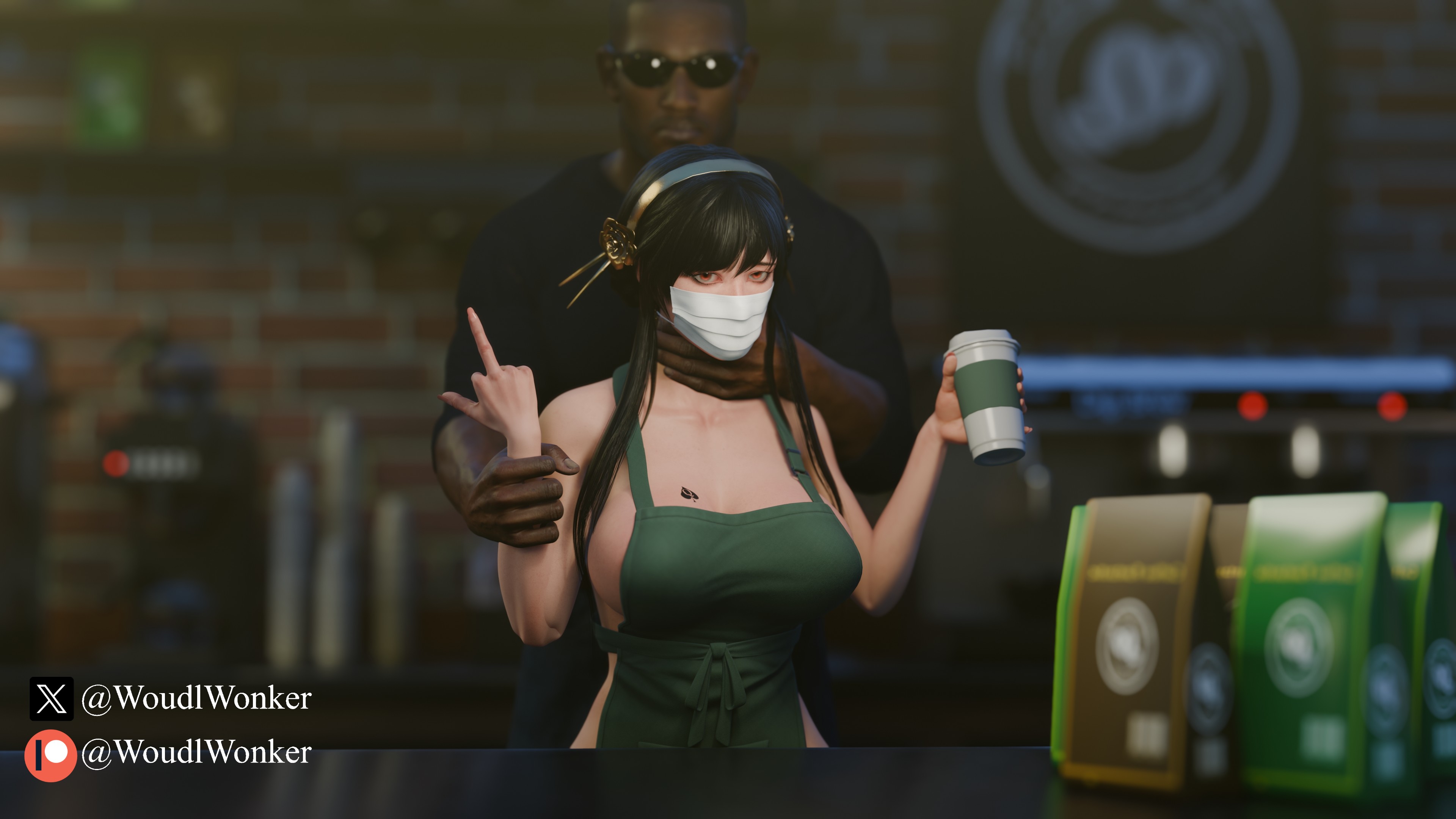 1boy, 1girls, 3d, apron, assassin, big breasts, breasts, coffee, dark skin, dark-skinned male, female, female human, gold hairband, human, interracial, light skin, light-skinned female, looking at viewer, male, mask, middle finger, neck grab, netorare, ntr, queen of spades, restrained, spy x family, thorn princess, woudlwonker819, yor briar, yor forger, yor forger (h69 verse)