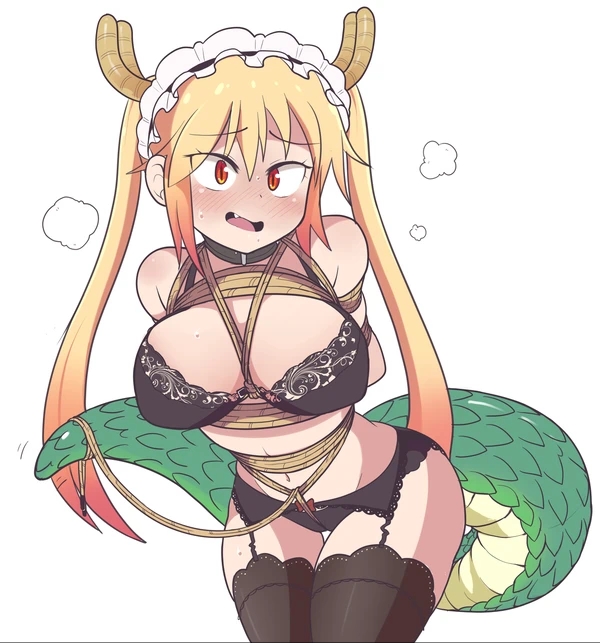 1girls, 2019, amber eyes, arms behind back, bagelbomb, big breasts, blonde hair, blush, bondage, bound, bra, breasts, crotch rope, cute fang, dragon, dragon girl, female, female focus, female only, femsub, garter straps, horns, lingerie, long hair, looking at viewer, maid headdress, miss kobayashi's dragon maid, monster girl, panties, red eyes, restrained, rope, rope bondage, simple background, solo, stockings, tail, thick thighs, tied, tied hair, tied up, tohru (dragon maid), underwear, white background
