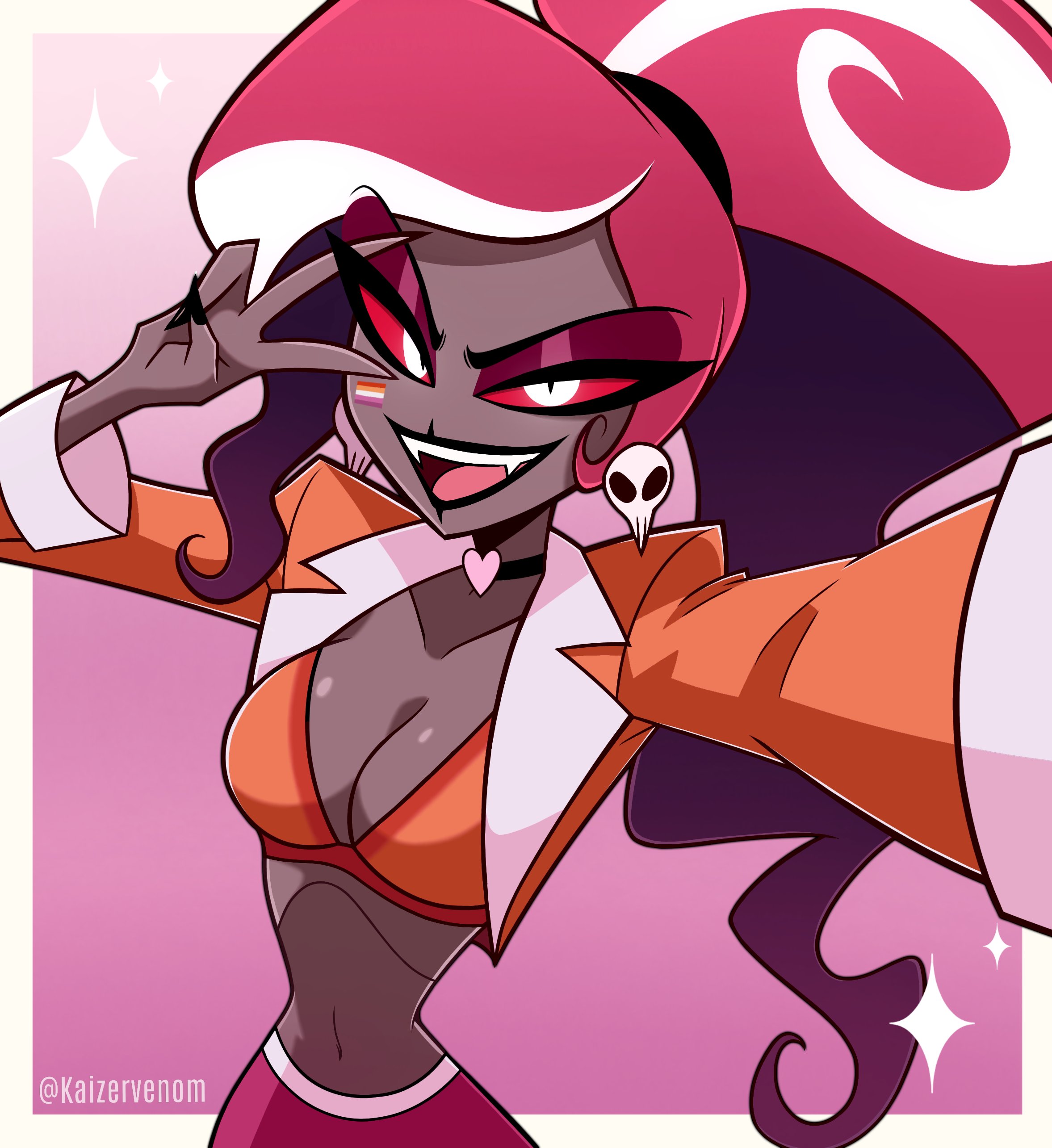 boobs out, breasts, chocker, cleavage cutout, earings, hazbin hotel, kaizervenom, lesbian pride colors, male, malicious face, medium breasts, selfie, selfie pose, sfw, simple background, velvette