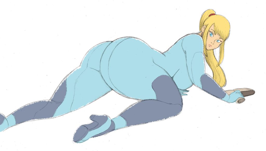 2018, ass, bangs, blonde hair, blue eyes, bodysuit, breasts, crawling, female, gloves, gun, heels, high heels, holding, holding weapon, huge ass, large breasts, legs, looking at viewer, looking back, metroid, nintendo, omegasunburst, ponytail, presenting hindquarters, samus aran, sidelocks, thick thighs, thighs, weapon, zero suit, zero suit samus